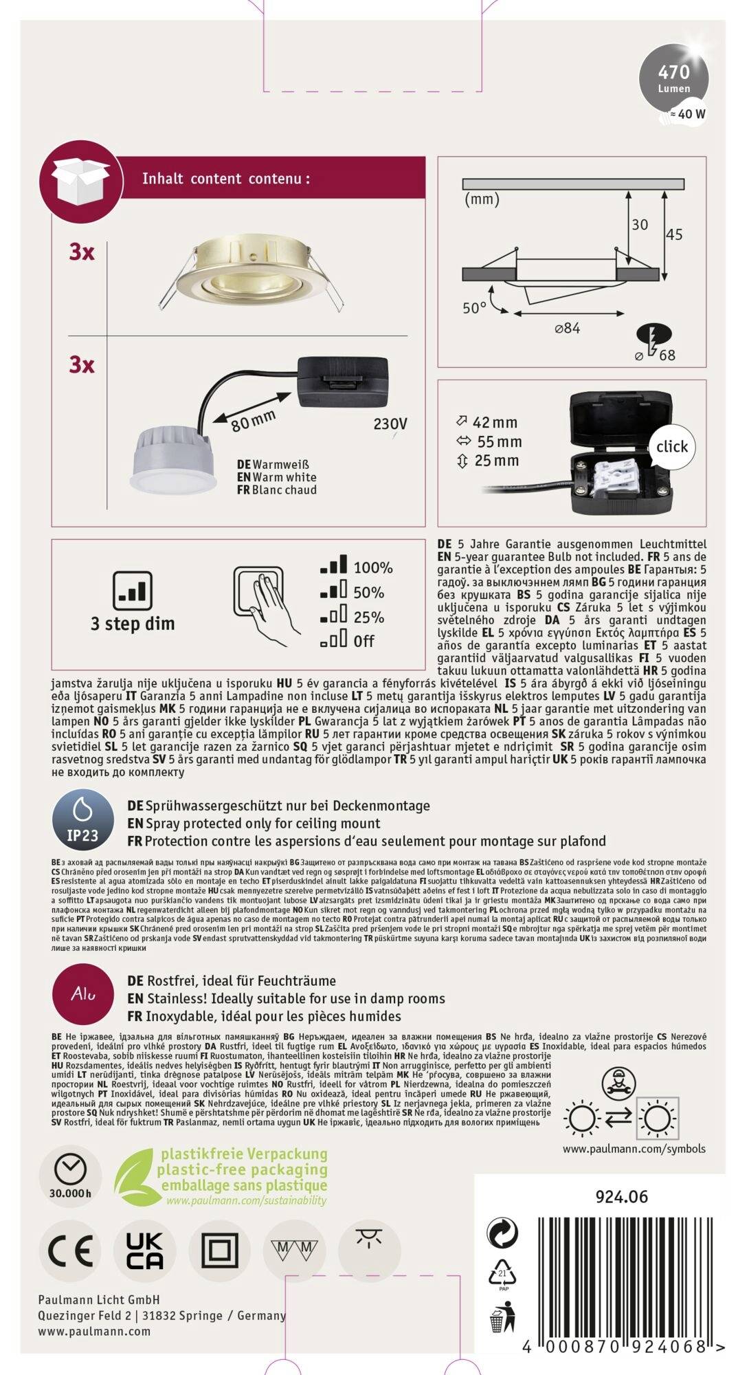 Tylna strona opakowania lampy LED. Na górze: Rysunek lampy z wymiarami. W środku: Instrukcja montażu. Na dole: Dane techniczne.