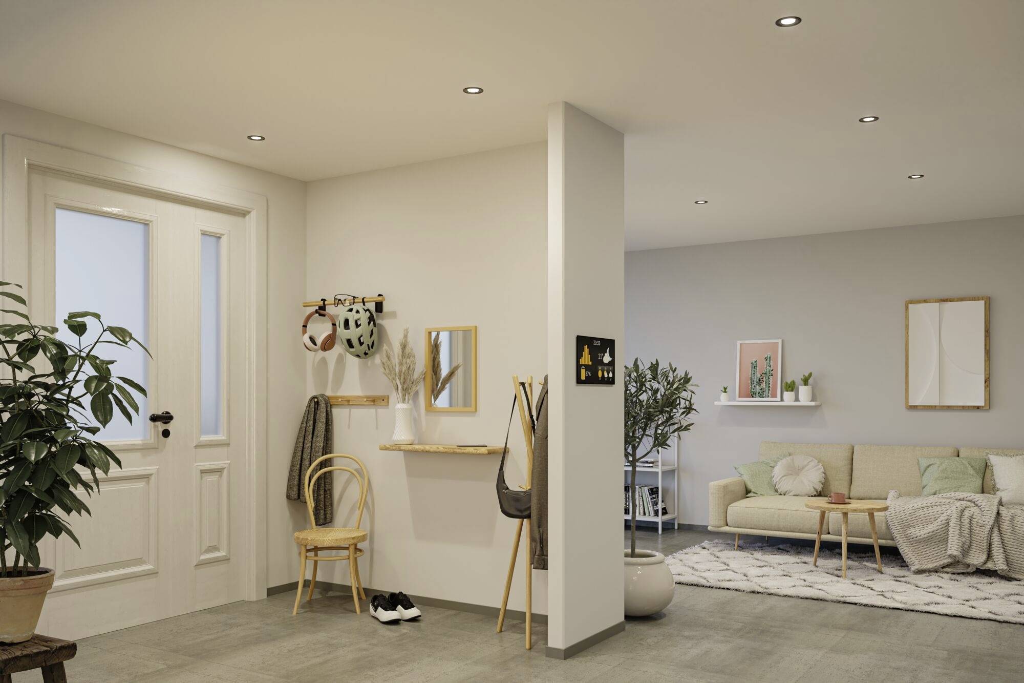 Nowoczesna przestrzeń mieszkalna z jasnym wyposażeniem, podłogą parkietową i roślinami. Na pierwszym planie wieszak z lustrem, obok przytulny salon.