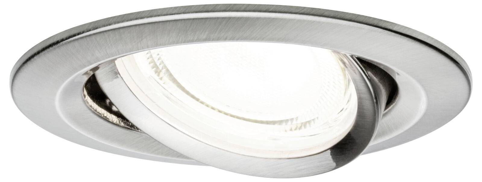 Okrągły, srebrny reflektor sufitowy z włączonym światłem, które można kierować w różnych kierunkach.