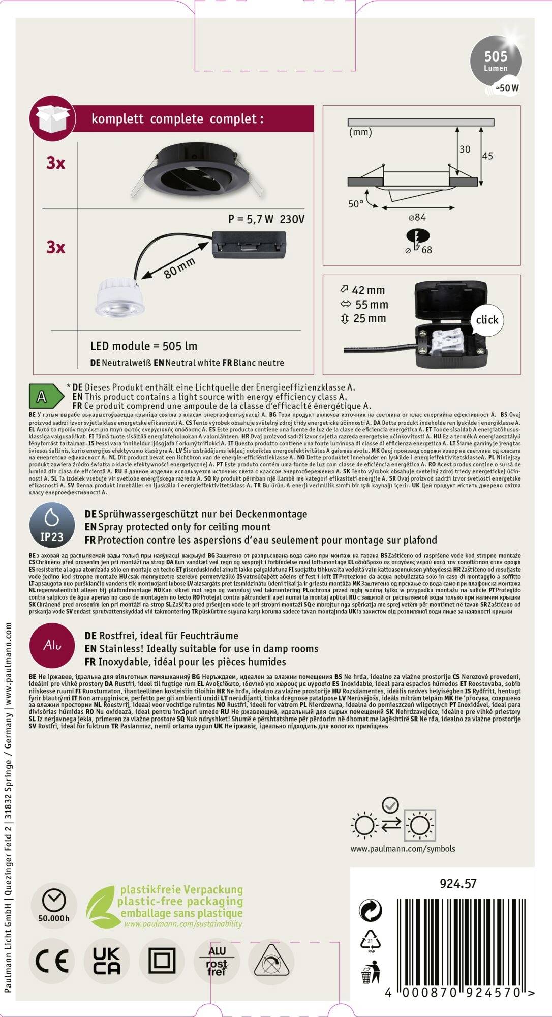 Opakowanie produktu do oprawy LED do zabudowy. Zawiera szczegóły dotyczące specyfikacji technicznych, wskazówek instalacyjnych, symboli i informacji o producencie.