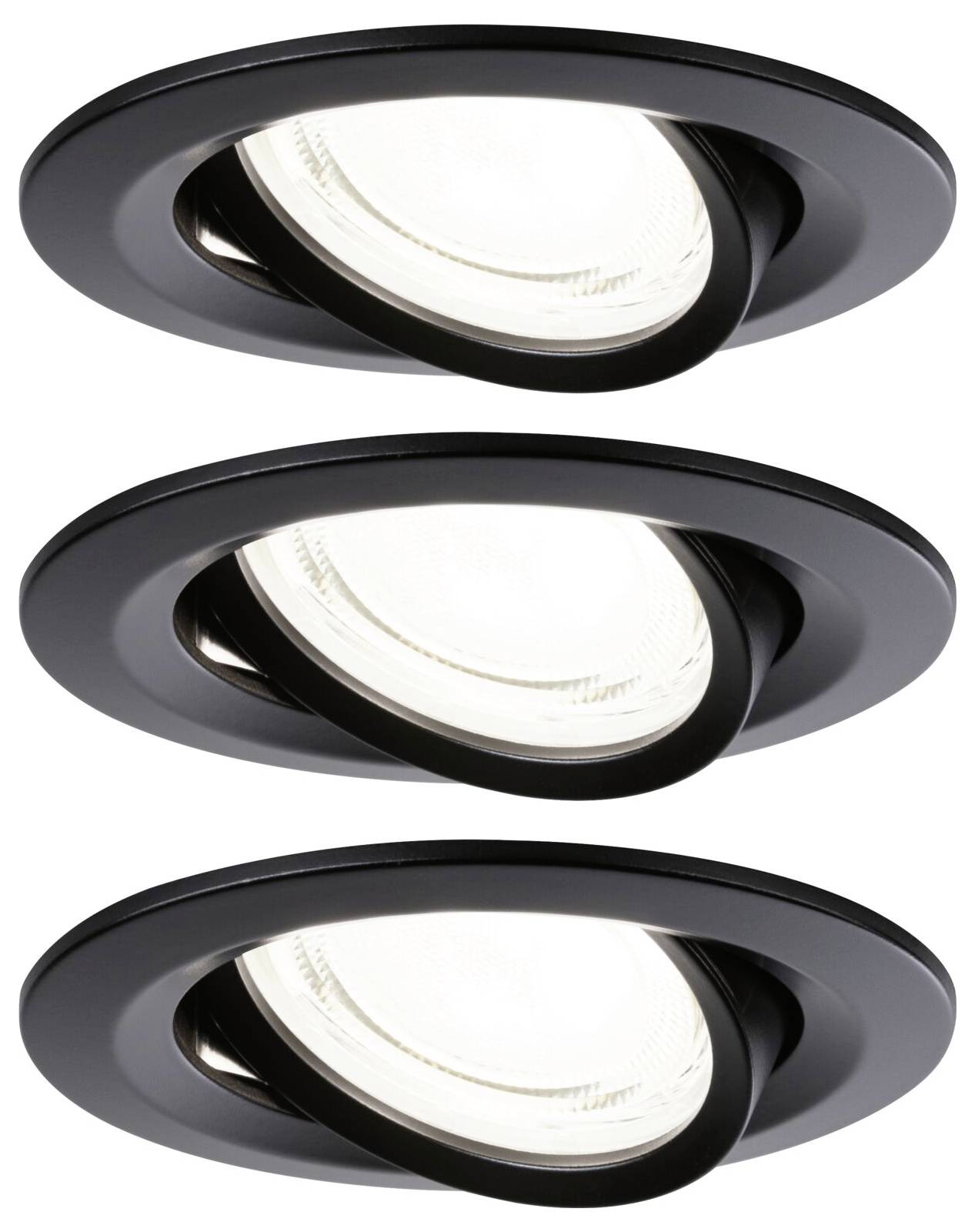 Trzy czarne, okrągłe lampy sufitowe LED umieszczone obok siebie, wszystkie z możliwością regulacji kierunku świecenia.