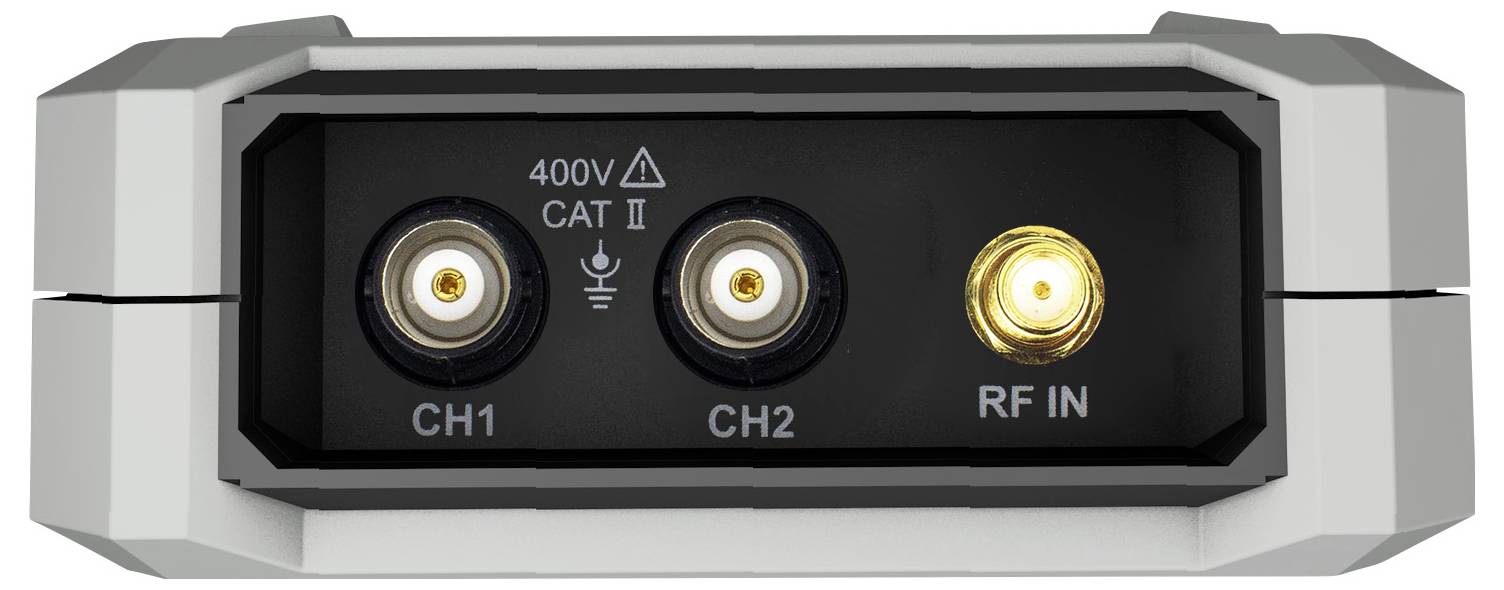 Prostokątny panel urządzenia elektronicznego z trzema okrągłymi portami oznaczonymi jako 'CH1', 'CH2' oraz 'RF IN', z oznakowaniem '400V CAT II'.