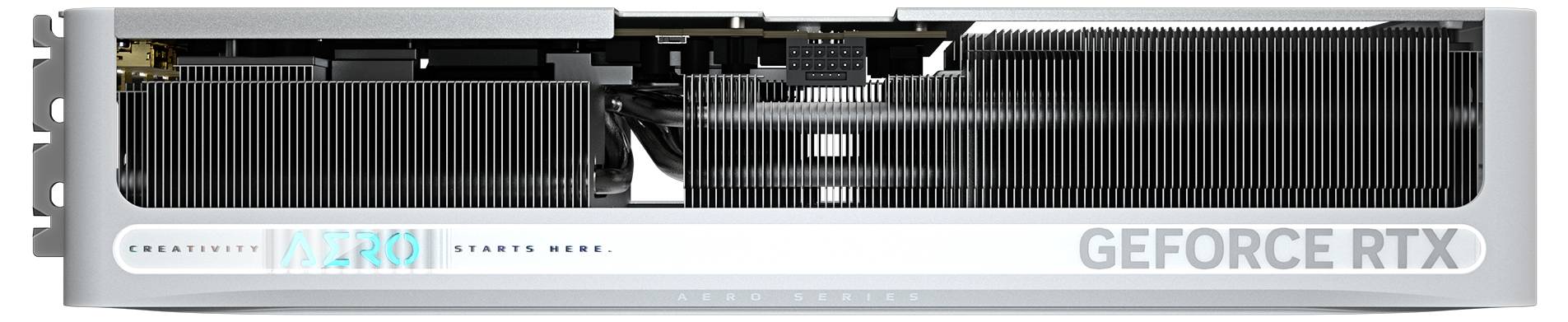 Karta graficzna GeForce RTX, widok z boku. Widoczne żeberka chłodzące i złącza. Ilustracja umiejscowienia na rynku.