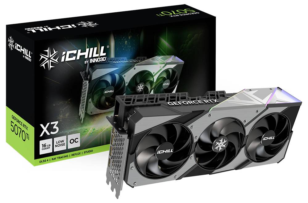 Karta graficzna INNO3D GeForce RTX 5070 Ti z napisem 'iCHILL X3' i '16 GB', prezentowana przed swoim opakowaniem.