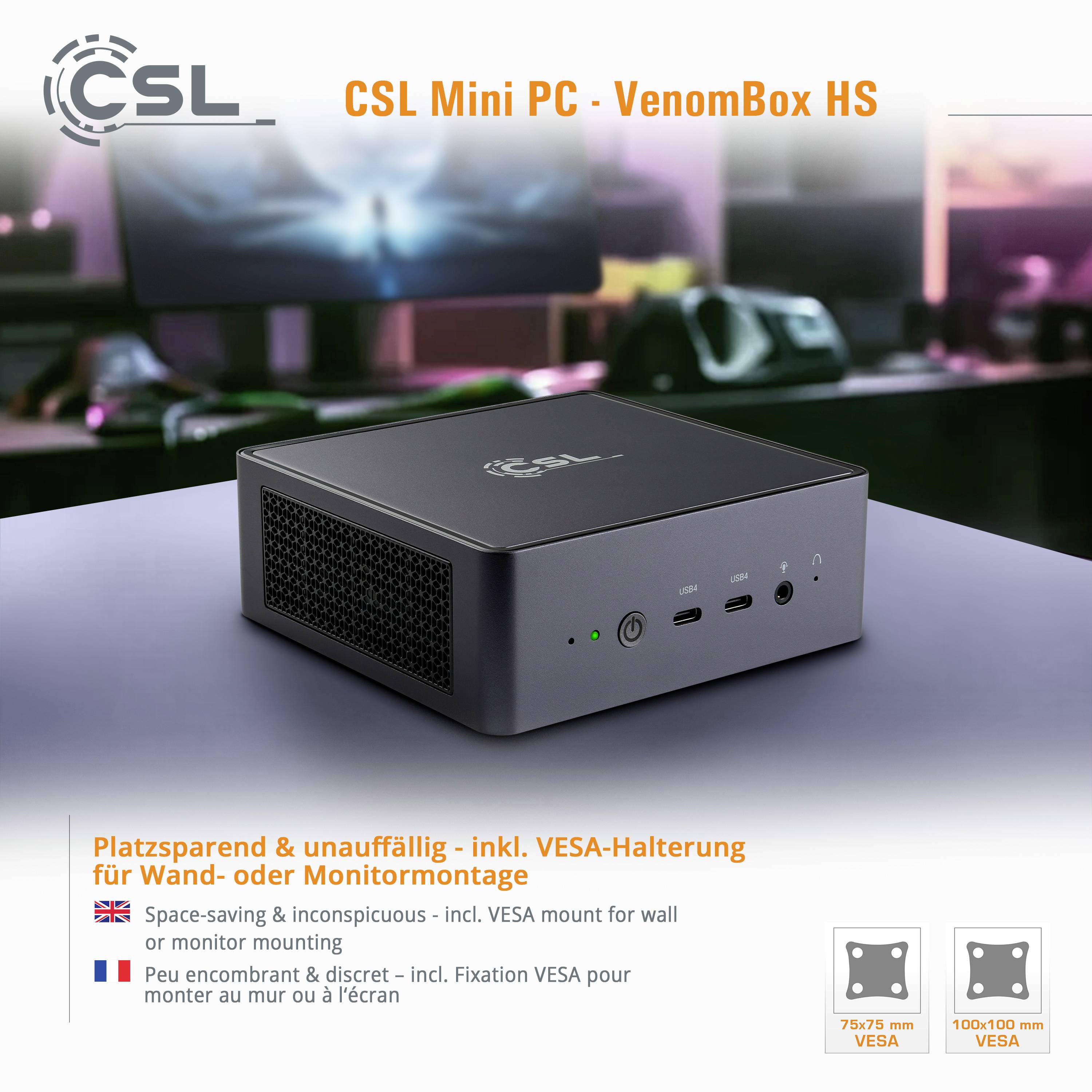 'Mini komputer CSL - VenomBox HS na stole. Kompaktowy, cichy, z mocowaniem VESA do montażu na ścianie lub monitorze. Oszczędzający miejsce.'