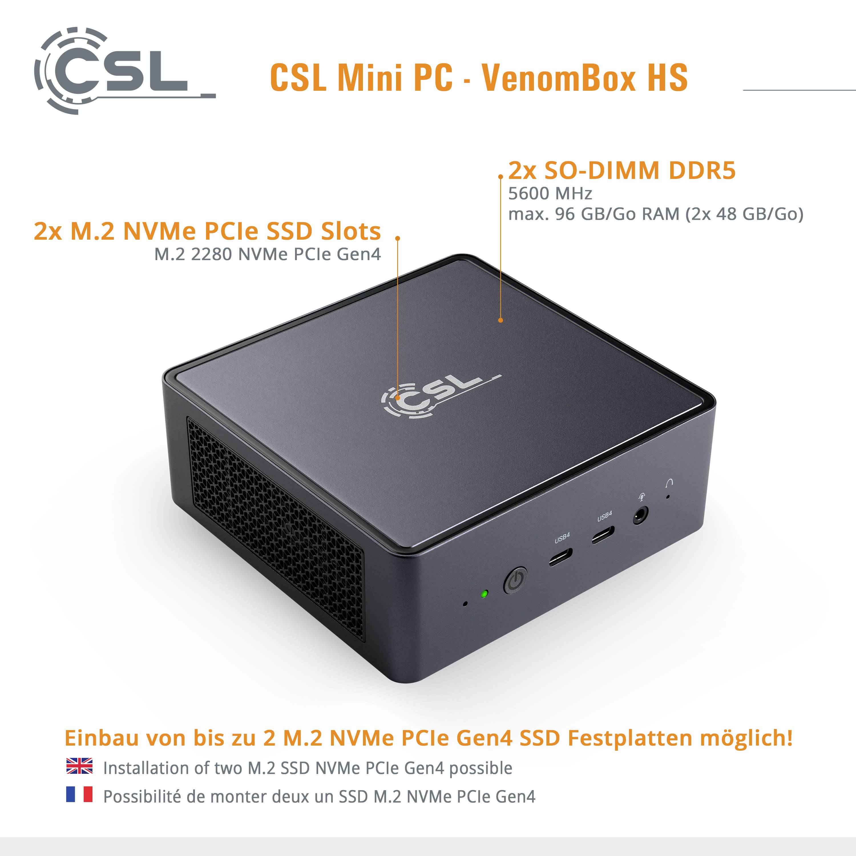 'CSL Mini PC - VenomBox HS' prezentuje kompaktowy komputer z 2 slotami na dyski M.2 NVMe PCIe Gen4 SSD oraz 2x SO-DIMM DDR5, pamięć RAM o taktowaniu 5200 MHz.
