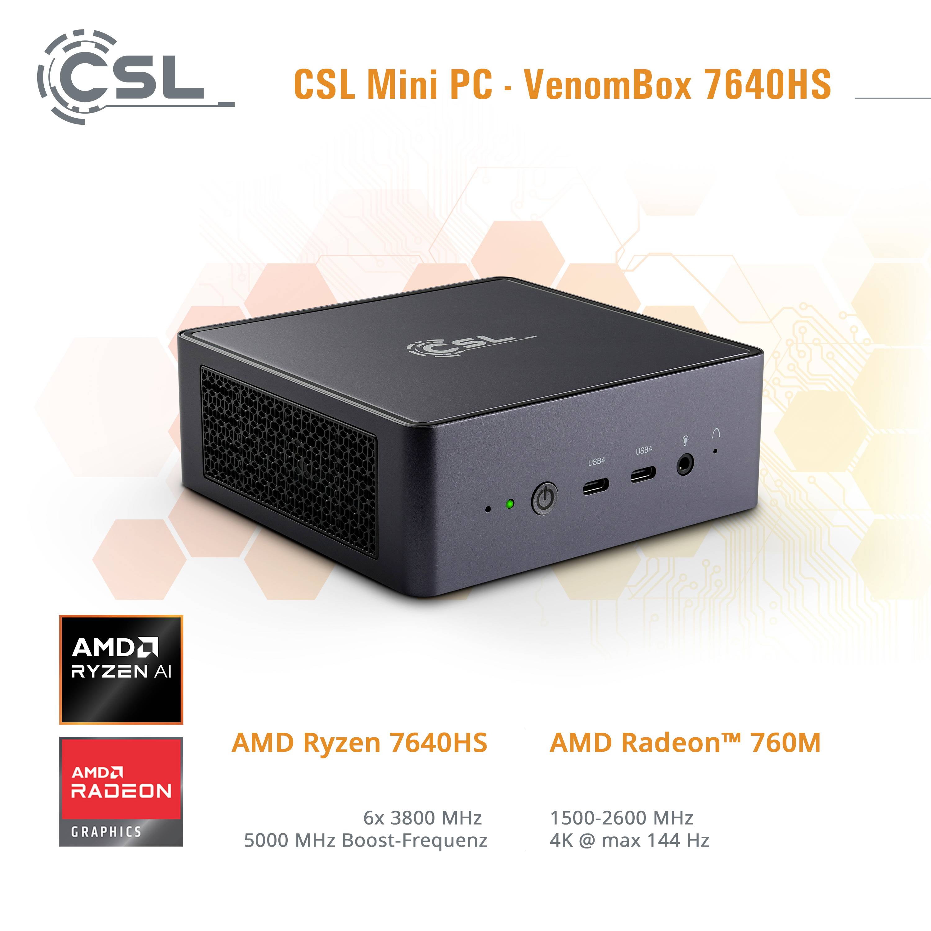 Mini PC CSL - VenomBox 7640HS z procesorem AMD Ryzen 7640HS i grafiką Radeon 760M, 6 rdzeni, 3800 MHz, boost do 5000 MHz, obsługa 4K przy 144 Hz.