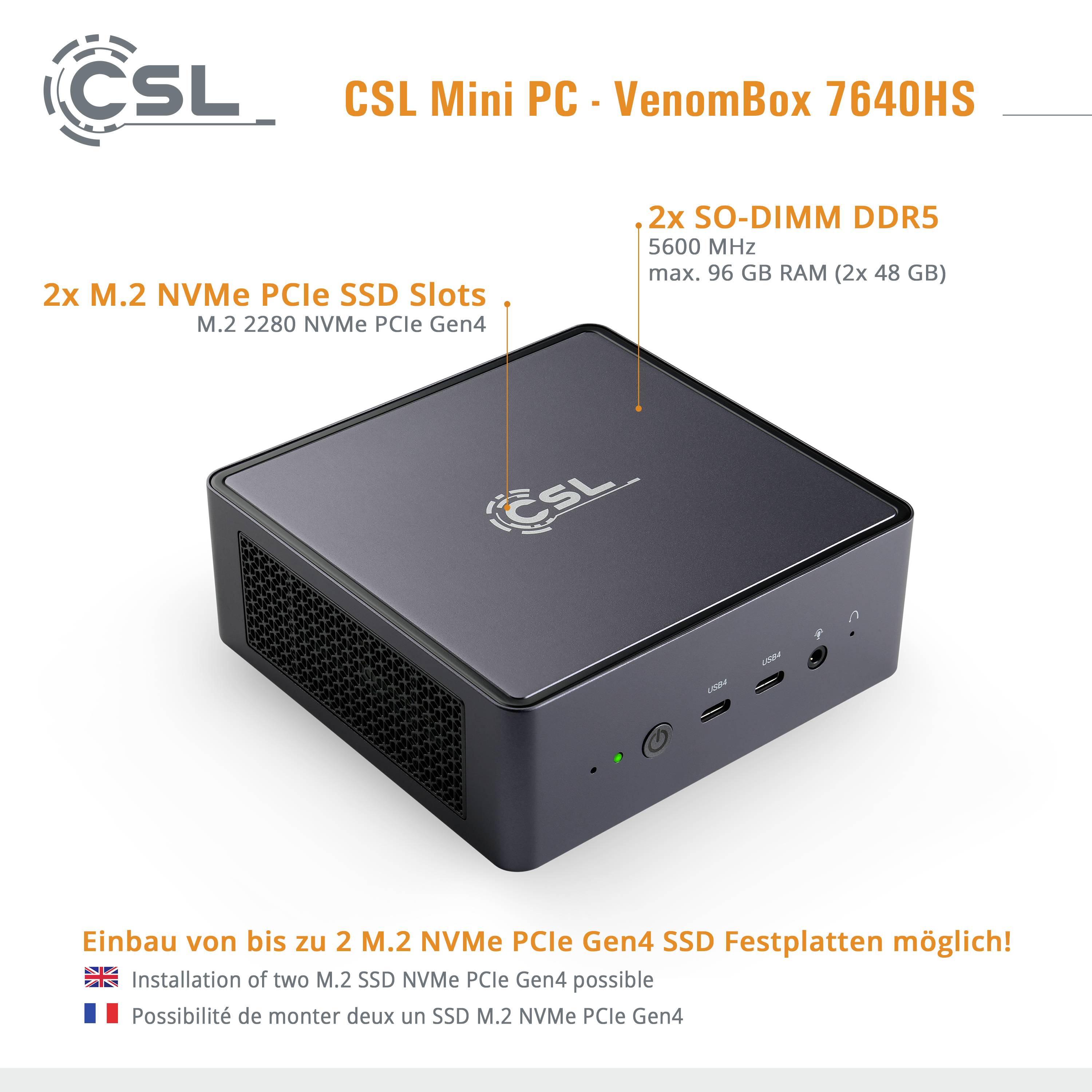 Mały czarny mini-komputer z logo 'CSL'. Napis: 'CSL Mini PC - VenomBox 7640HS', obsługujący DDR5 i NVMe SSD.