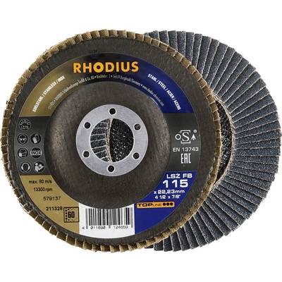 Tarcza lamelkowa Rhodius LSZ FB 115 o ziarnistości 60, odpowiednia do stali i stali nierdzewnej, maksymalnie 80 m/s, 13300 obr./min, średnica otworu 22,23 mm.