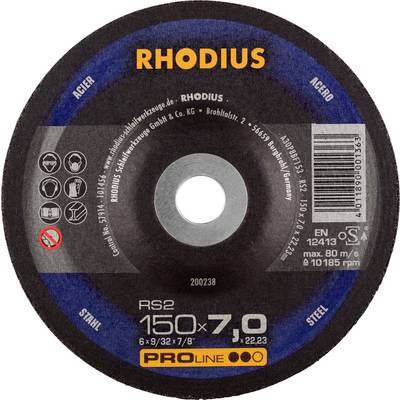 'Tarcza szlifierska Rhodius, model RS2, 150 x 7,0 x 22,23 mm, do stali. Maks. prędkość obrotowa: 80 m/s.'