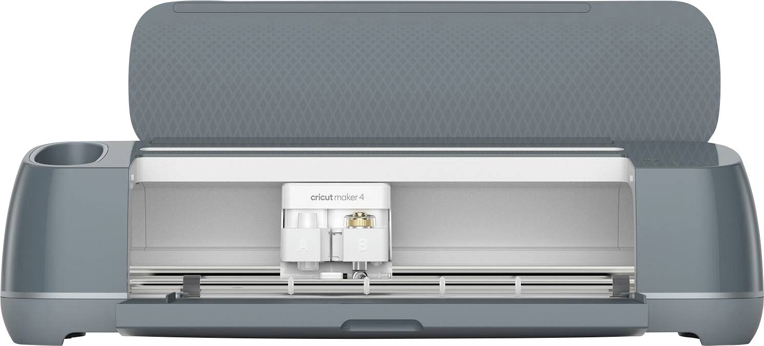 Szary ploter tnący, otwarty, przedstawia automatyczne narzędzie do cięcia i rysowania.