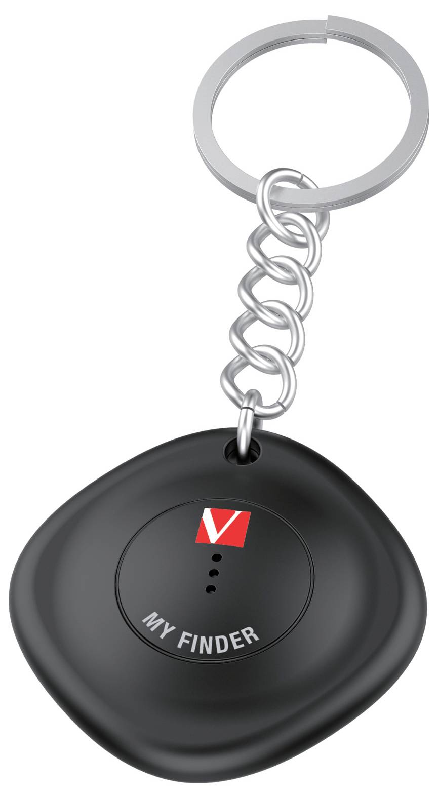 Czarny lokalizator kluczy z metalowym kółkiem, z napisem 'MY FINDER' i czerwonym logo. Pomaga w odnalezieniu zagubionych kluczy.