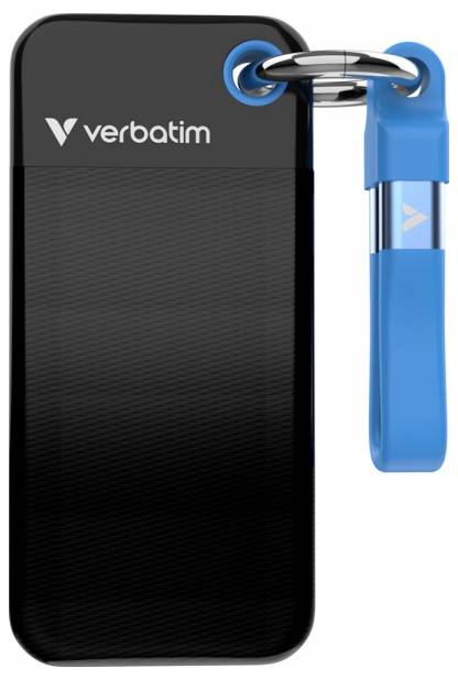 Zewnętrzny czarny dysk twardy firmy 'Verbatim' z niebieską pętlą przymocowaną do pierścienia.