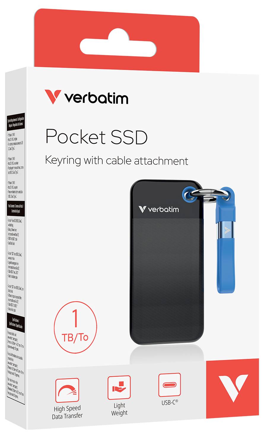 Przenośny dysk SSD Verbatim z breloczkiem i kablem. Pojemność 1 TB. Wysoka prędkość, lekki, kompatybilny z USB-C.
