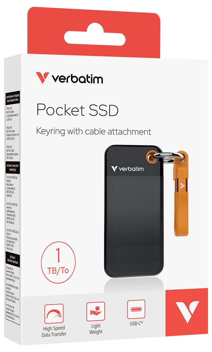 Opakowanie 'Verbatim Pocket SSD' z pamięcią 1 TB, w czarnej obudowie, z breloczkiem i mocowaniem kabla. Ikony przedstawiają: wysoką prędkość, lekkość, złącze USB-C.