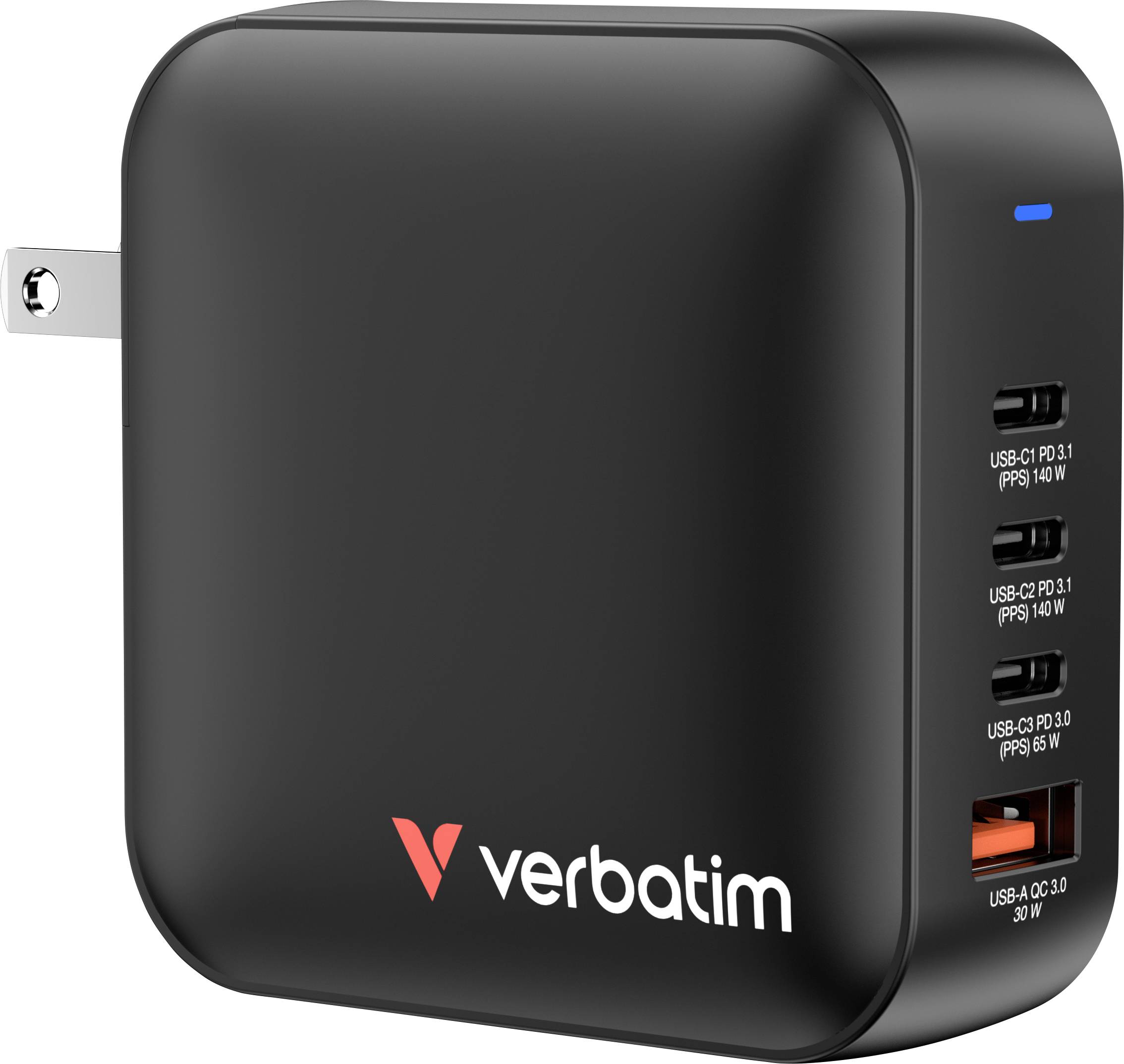 Зарядний пристрій Verbatim Mini GaN для подорожей 165 Вт, 1 порт USB-A, 3 порти USB-C® Power Delivery, USB PD 3.1, швидкий зарядни
