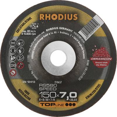 Tarcza ścierna Rhodius, model RS580 Speed, 150x7,0 mm. Odpowiednia do stali nierdzewnej. Prędkość obrotowa 80 m/s, 12.200 obr./min.