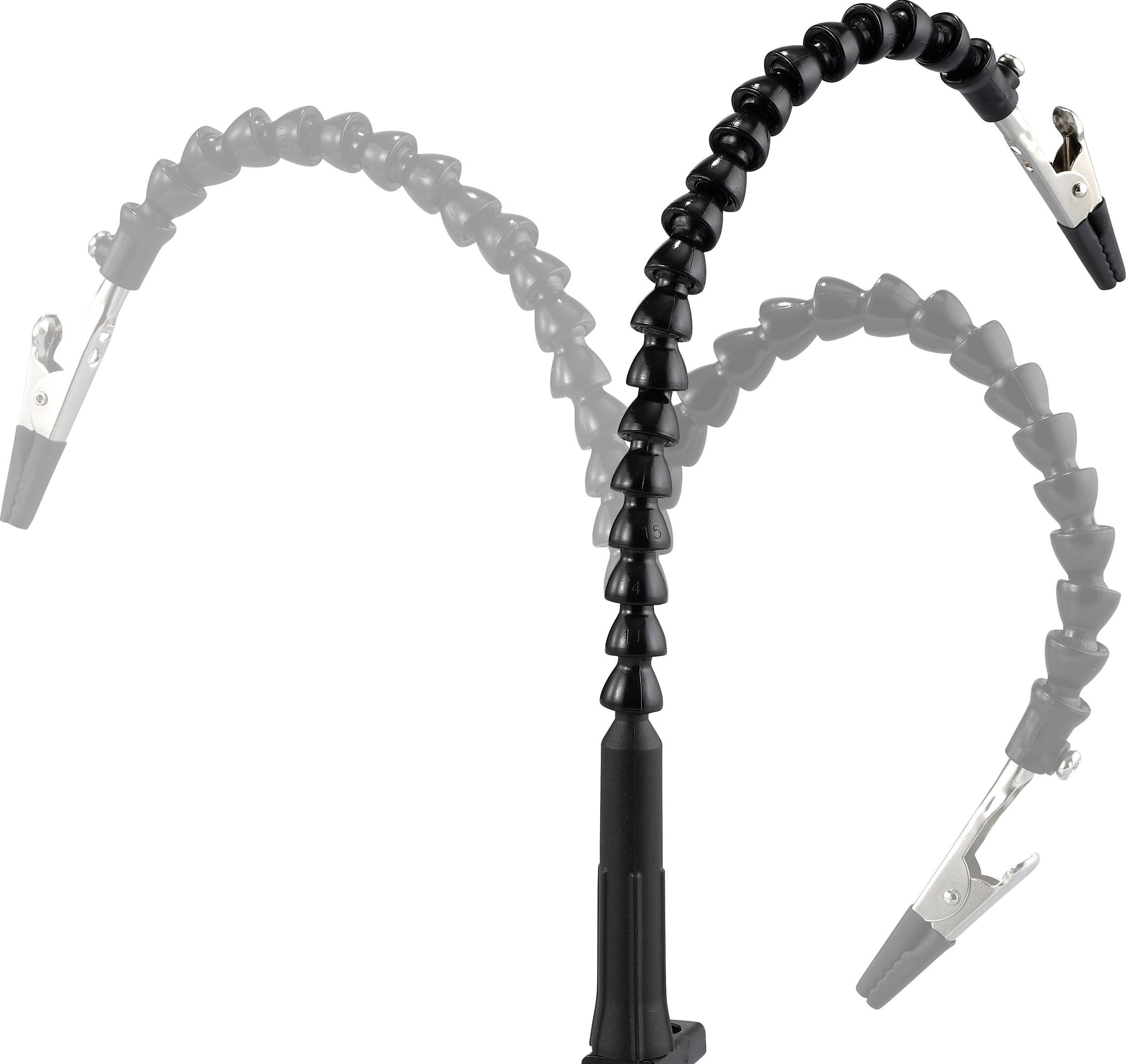 Elastyczne ramię z uchwytami zaciskowymi na obu końcach, przedstawione w różnych pozycjach, prezentuje swoją zdolność adaptacji.