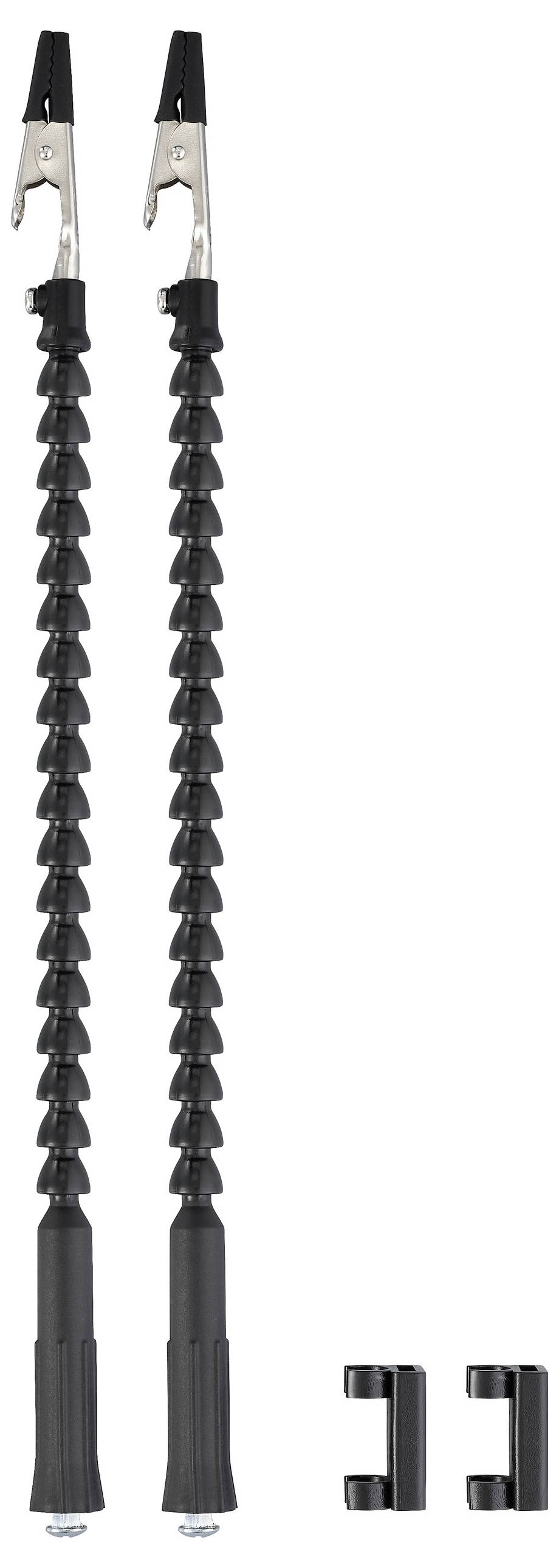 Dwie elastyczne mocowania z zaciskami na końcach, odpowiednie do mocowania obiektów; zawierają dwie podpory stabilizujące.