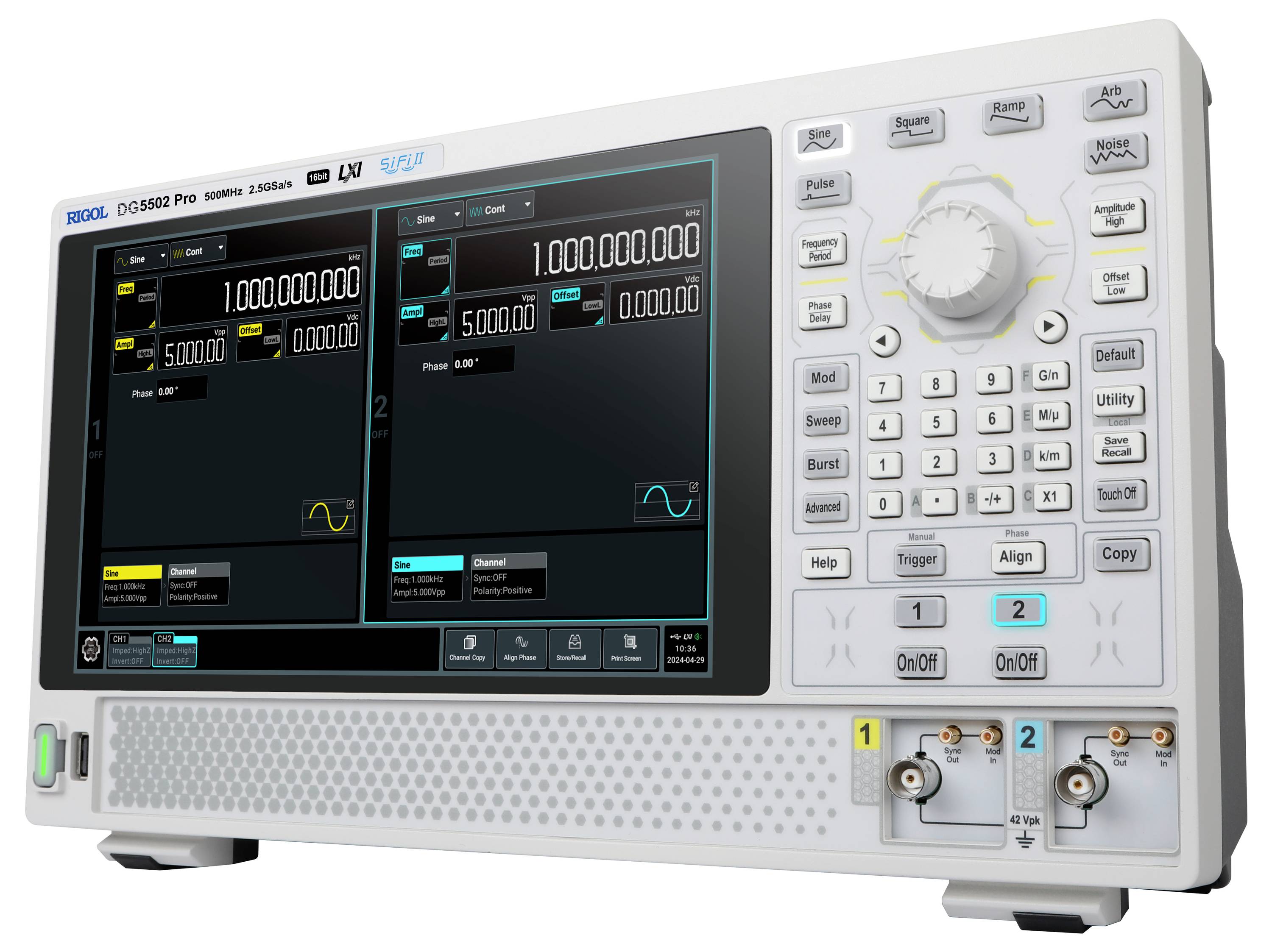 Cyfrowy generator sygnałów funkcyjnych i arbitralnych z dużym wyświetlaczem, który pokazuje dwa pomiary, wyposażony w przyciski sterujące.
