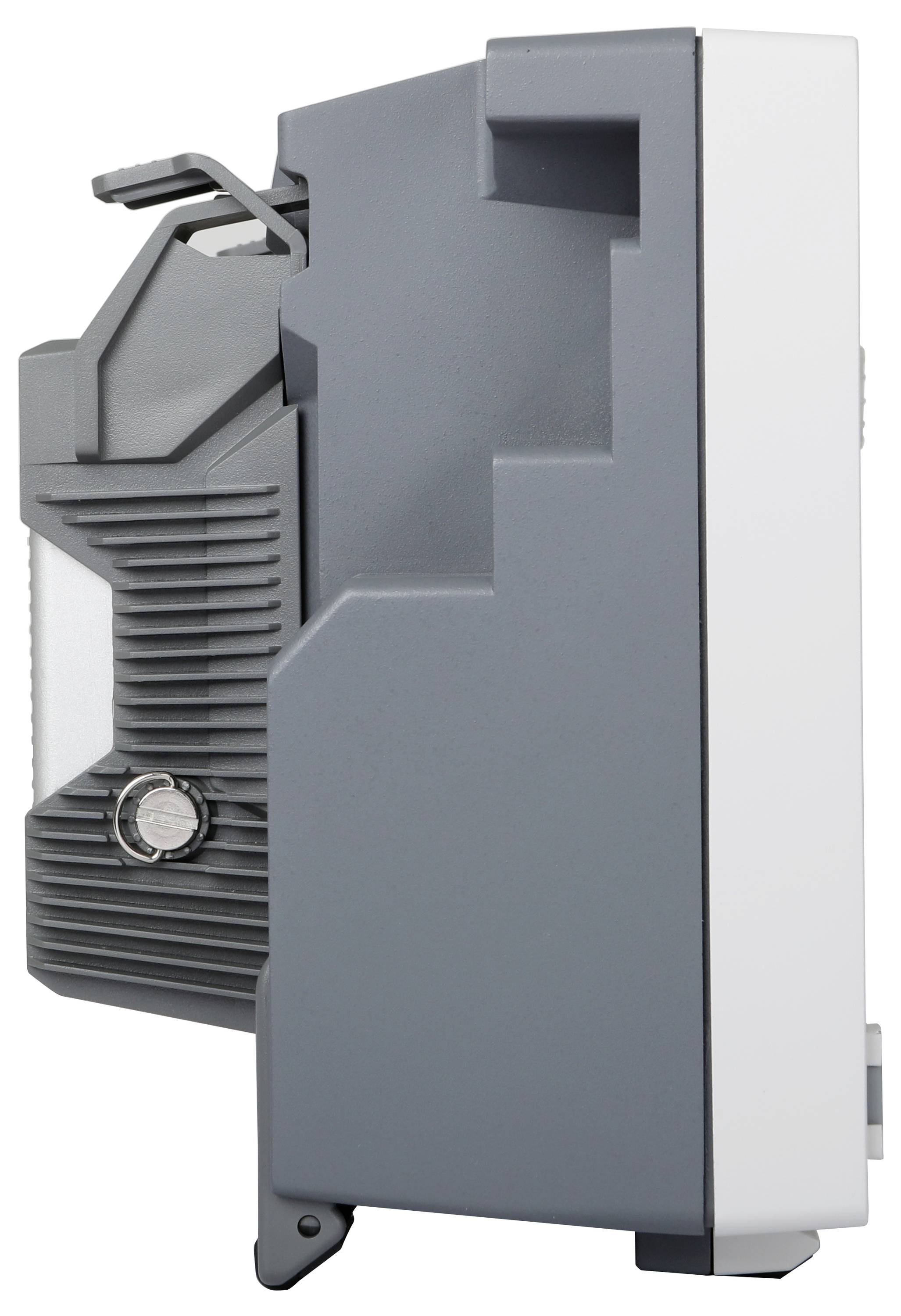 Szare urządzenie elektroniczne o strukturowanej powierzchni z srebrnym pokrętłem sterującym, widziane z boku, przeznaczone do zastosowań przemysłowych.