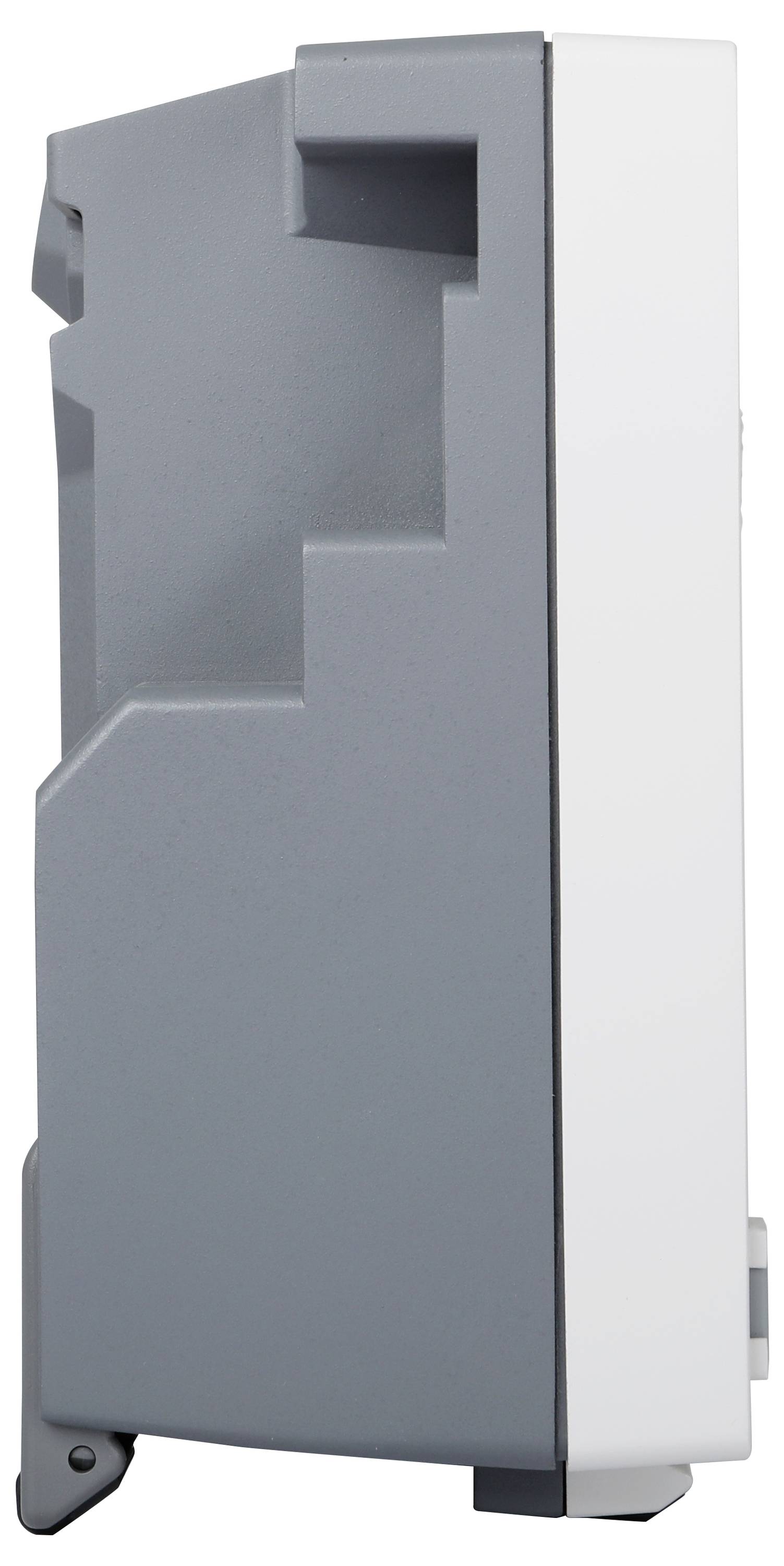 Szary i biały prostokątny pojemnik z tworzywa sztucznego przedstawiony z boku, o małej głębokości i podwyższonej formie z jednej strony.