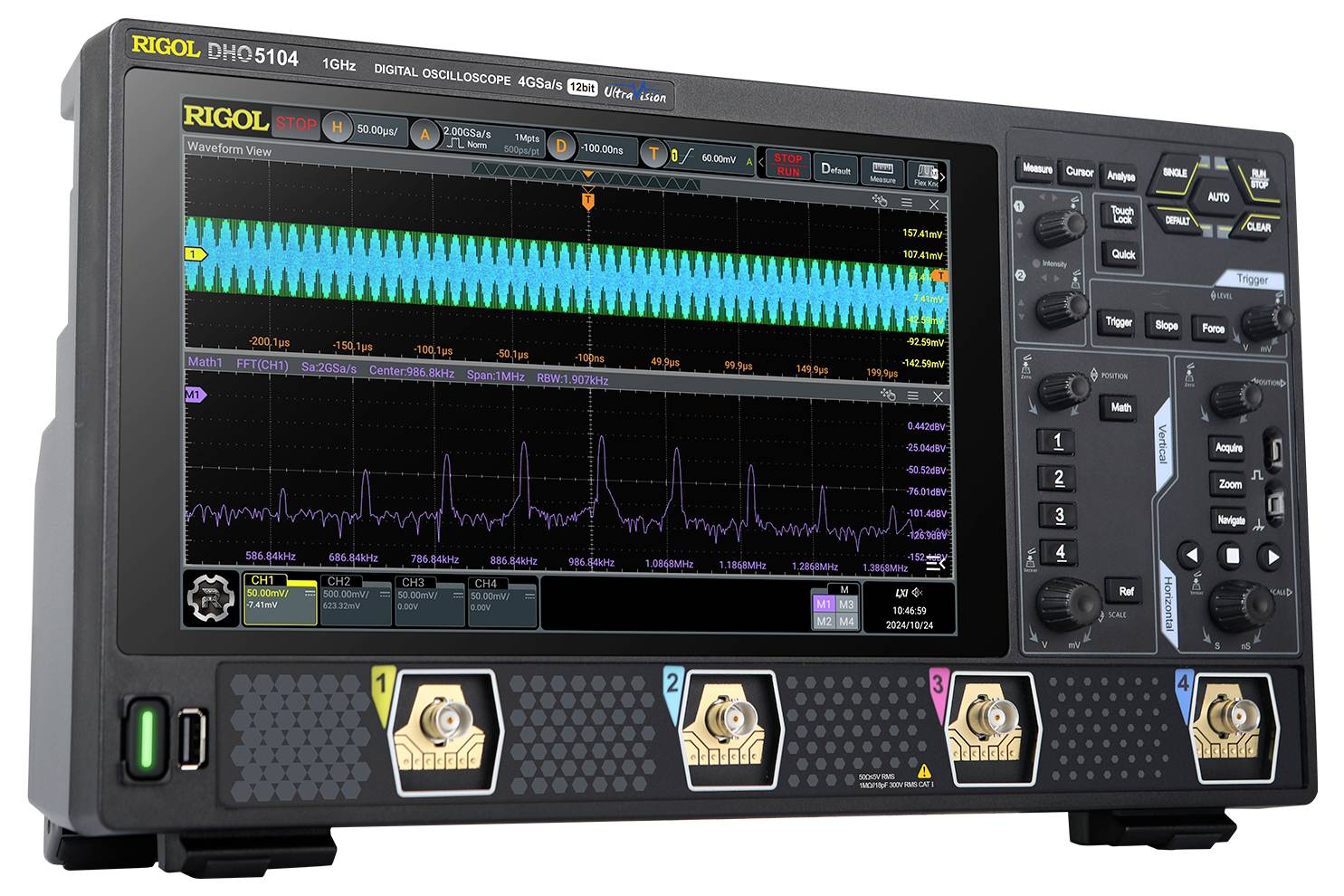 Cyfrowy oscyloskop z kolorowym ekranem wyświetla analizę przebiegów. Widocznych jest kilka elementów sterujących i złączy.