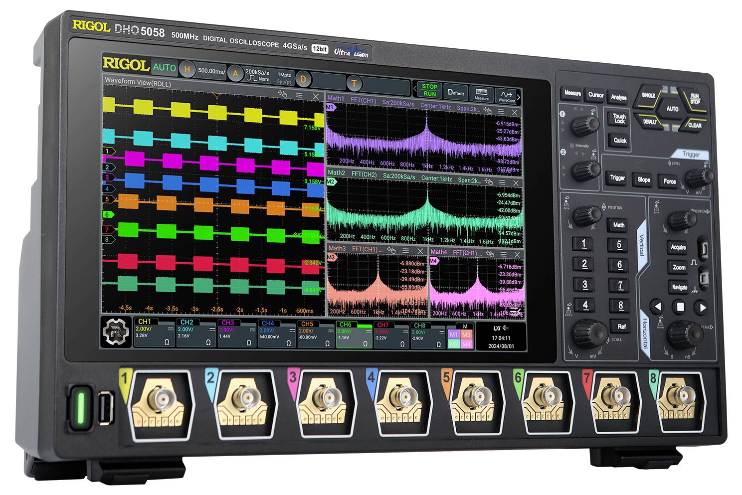 Cyfrowy oscyloskop z kolorowym wyświetlaczem, prezentujący wiele sygnałów i przebiegów na ekranie, przedstawiający analizę danych i pomiary.