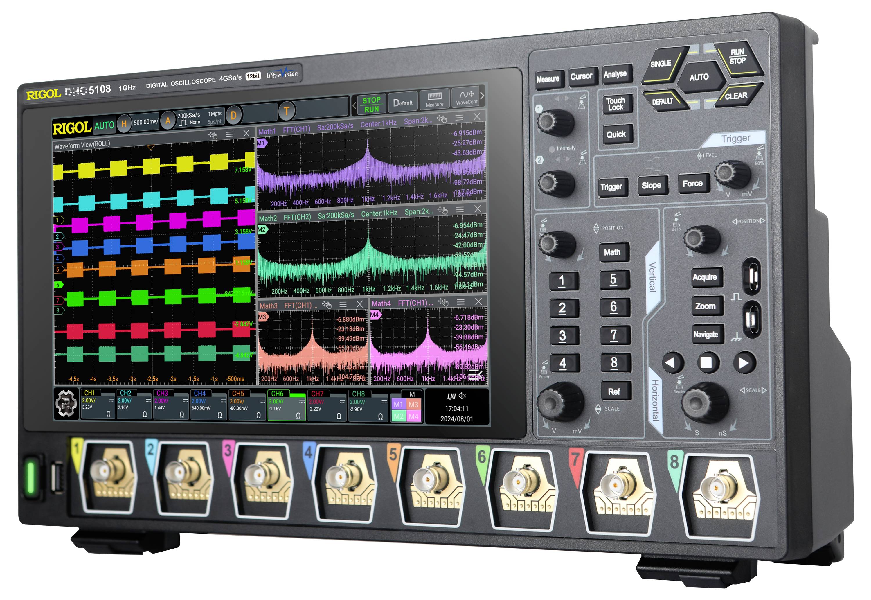 Cyfrowy oscyloskop z ośmioma wejściami kanałowymi i kolorowym wyświetlaczem, prezentujący wzorce sygnałów oraz analizę częstotliwości.