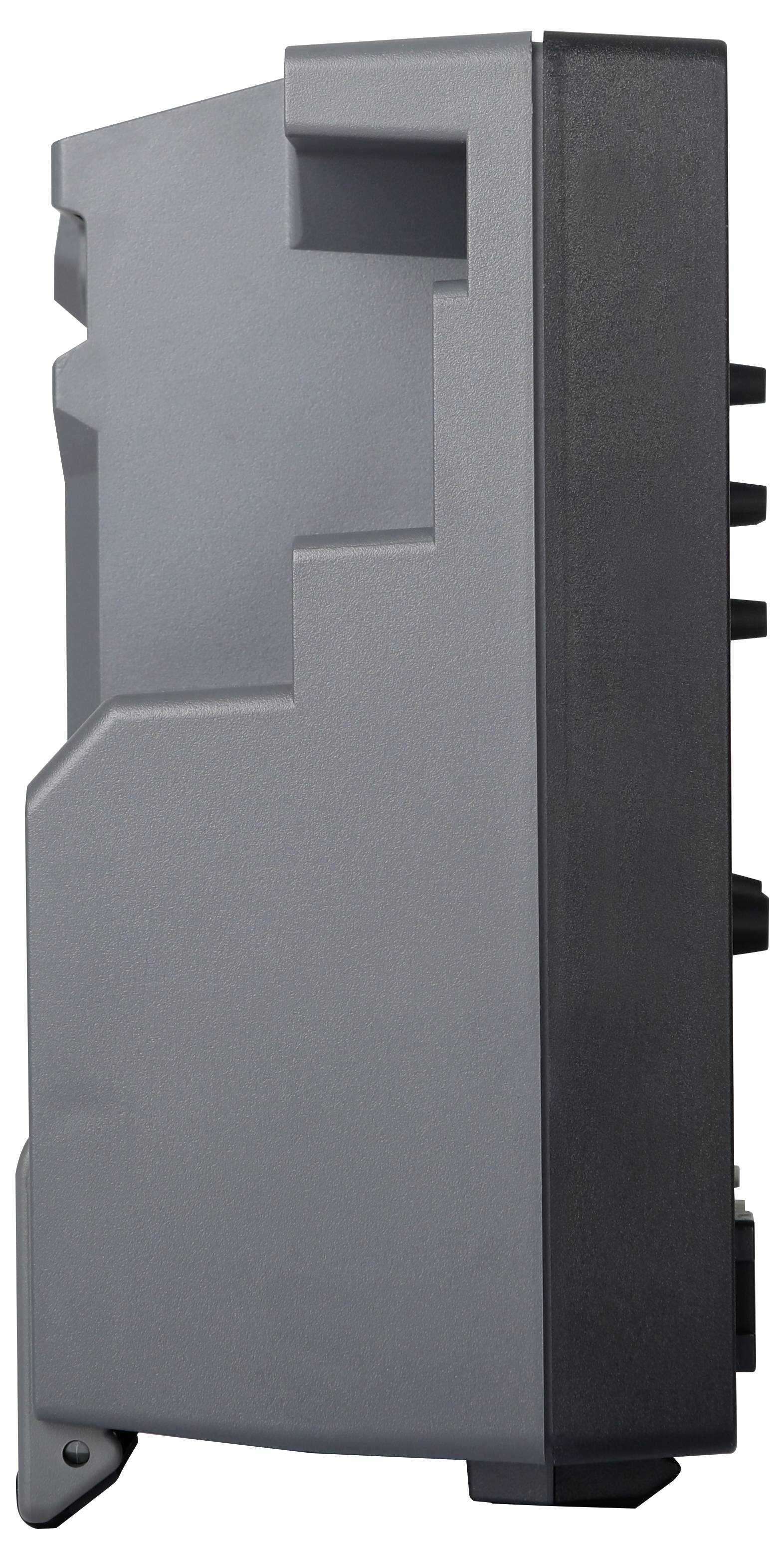 Widok z boku szarego urządzenia elektronicznego z wieloma złączami po stronie. Prawdopodobnie moduł na szynę DIN.