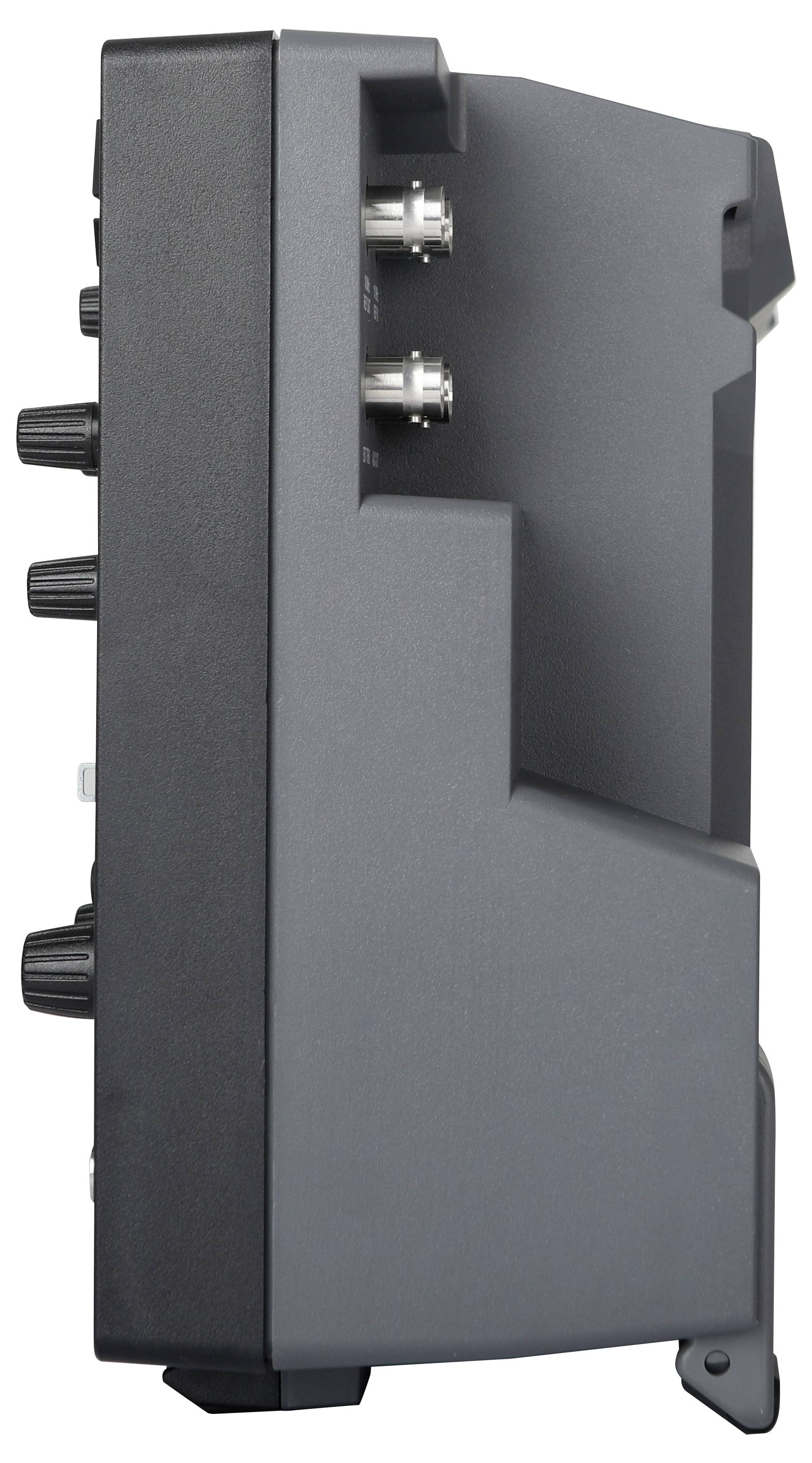 Widok z boku szarego urządzenia elektronicznego z kilkoma pokrętłami i złączami.