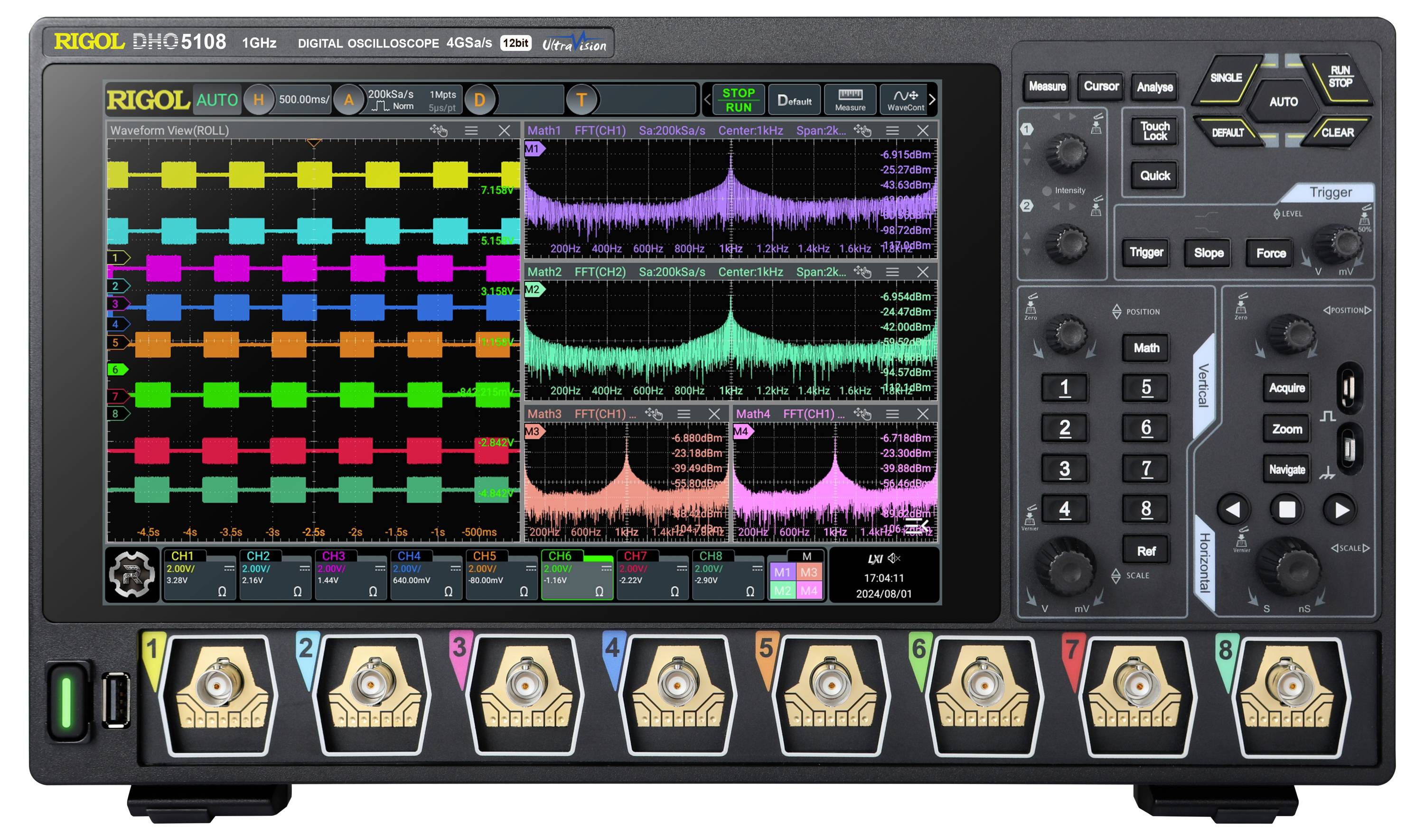 'Oscyloskop z cyfrowym wyświetlaczem pokazuje kolorowe sygnały i przebiegi fal. Widoczne są elementy sterujące i przyciski do analizy i pomiarów.'