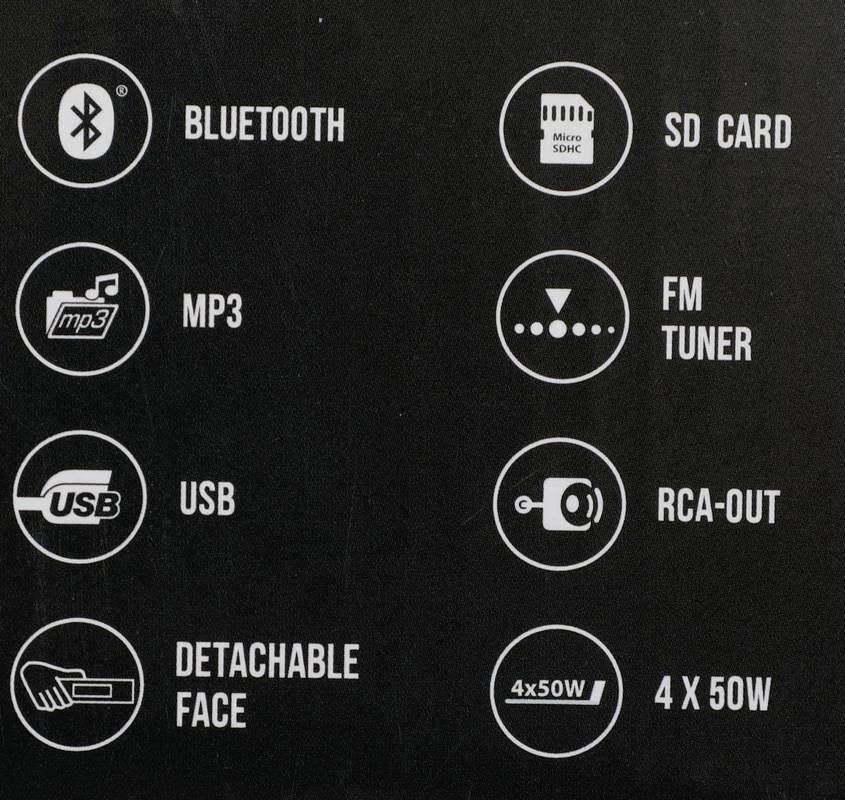 Czarna ulotka informacyjna z symbolami i tekstem: Bluetooth, Slot na kartę SD, MP3, Tuner FM, USB, Wyjście RCA, zdejmowana płyta czołowa, 4 x 50W.