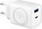 Biała ładowarka z dwoma portami: USB-A i USB-C. Zaprojektowana do użytku w europejskich gniazdkach elektrycznych.