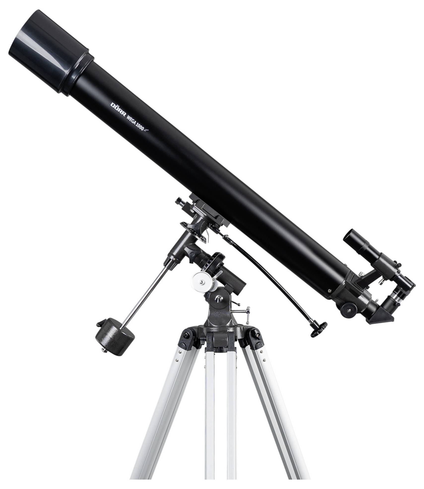 Czarny teleskop na statywie trójnożnym, ustawiony do obserwacji astronomicznych.