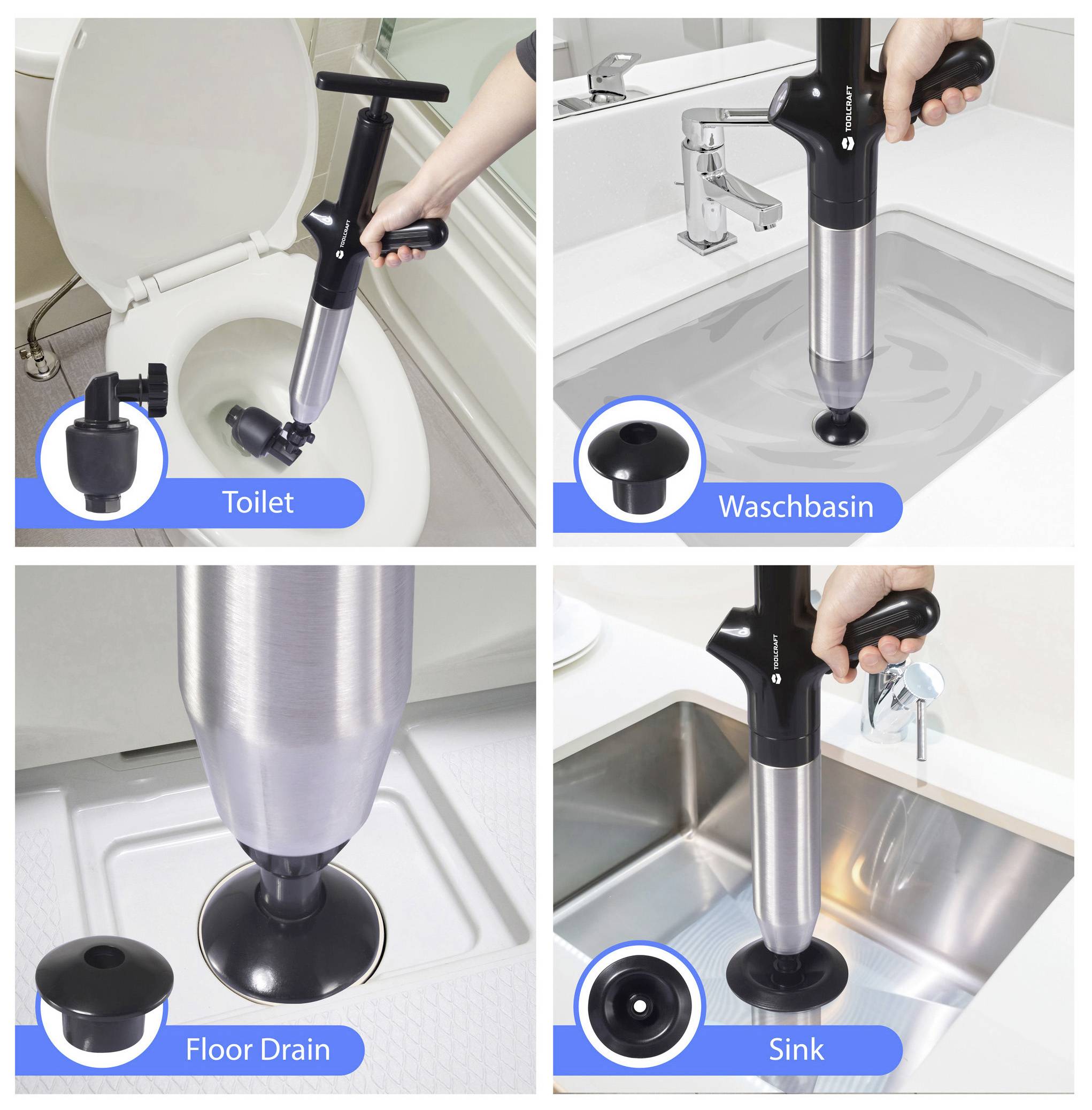 Ręczny środek do udrażniania odpływów został przedstawiony na czterech obrazach: toaleta, umywalka, odpływ podłogowy i zlewozmywak, z każdym z elementów pokazanym w dokładniejszym ujęciu uszczelnienia.