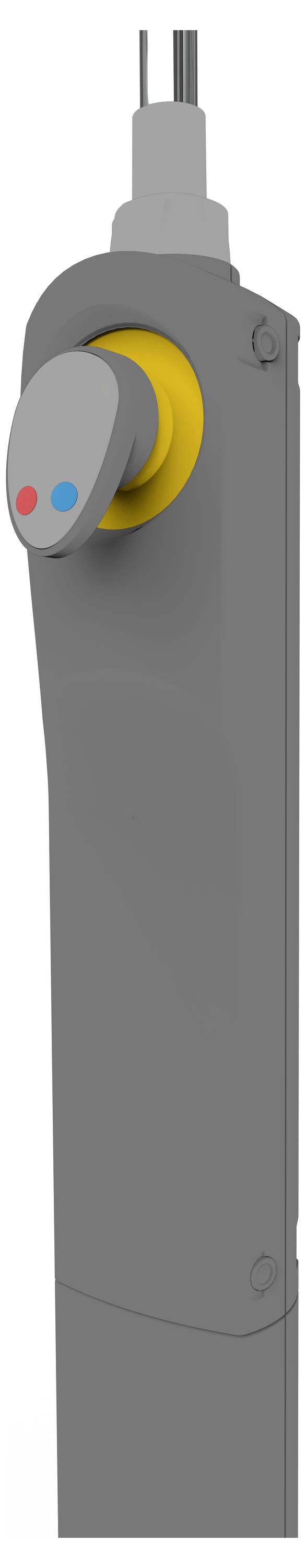 Szary dźwignik z żółtym pierścieniem i czerwono-niebieskimi oznaczeniami, prawdopodobnie element sterujący z przewodami przy jednym końcu.