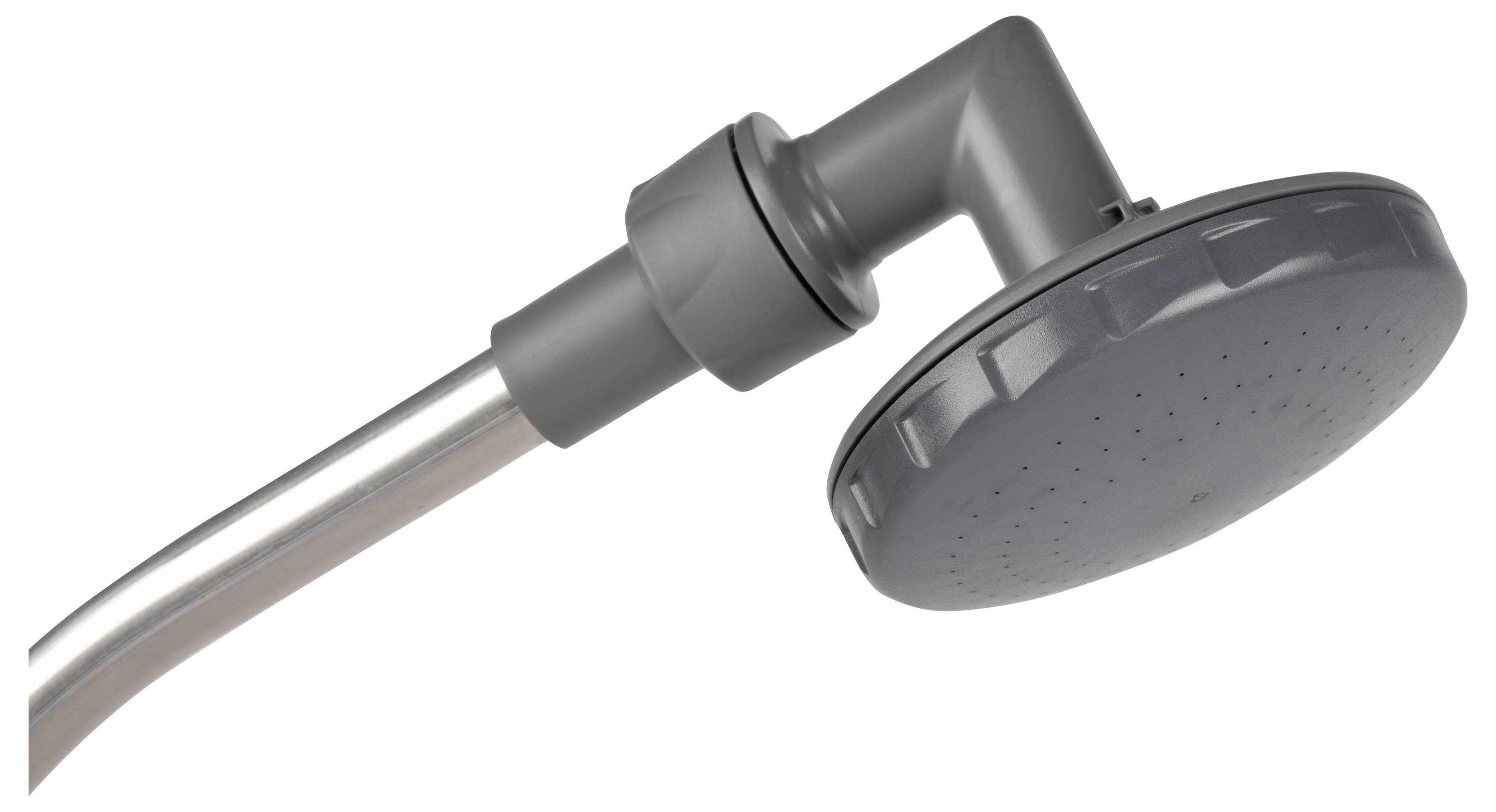 Szary prysznic z tworzywa sztucznego zamontowany na metalowej rurze, na białym tle.