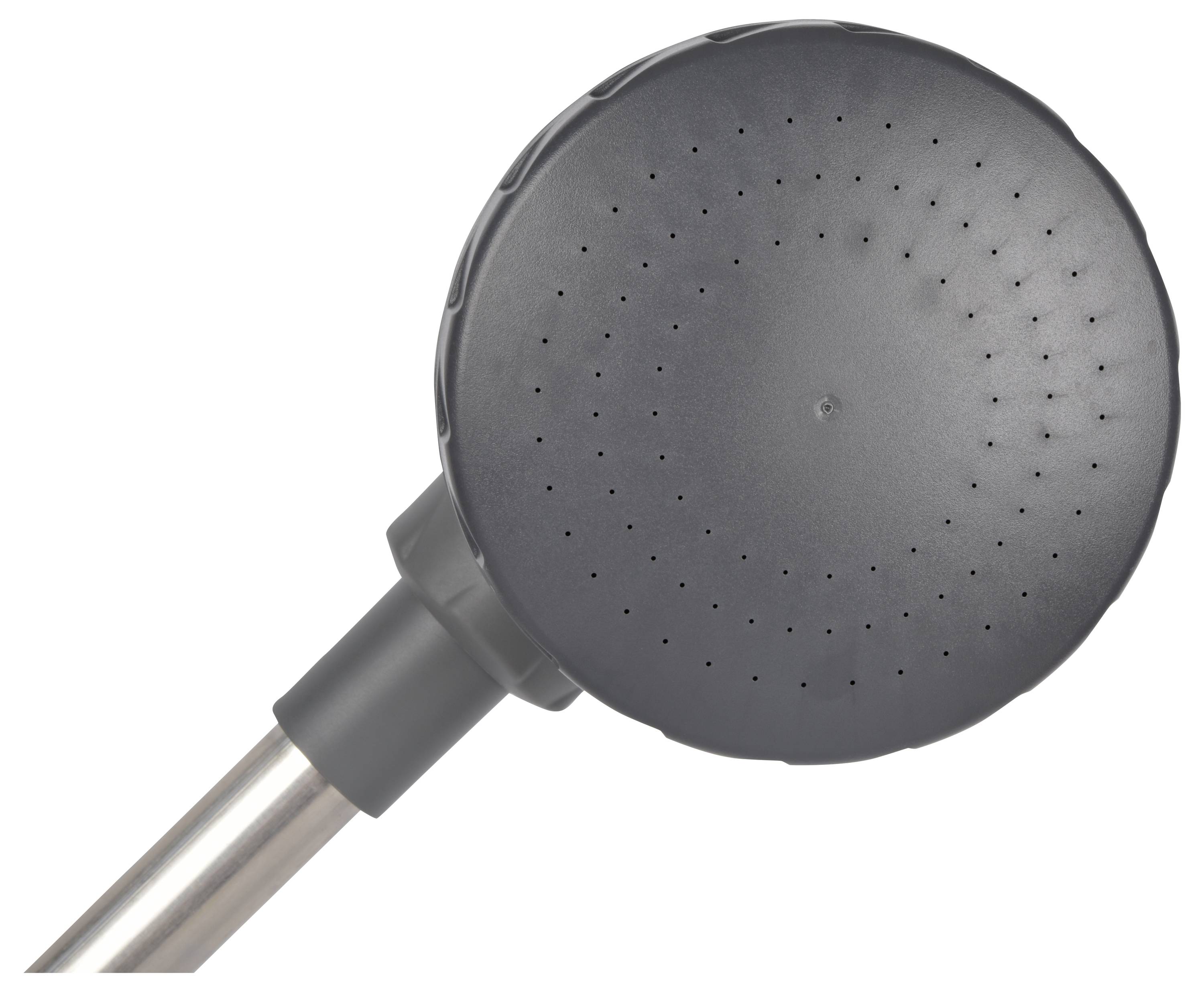 Czarna, okrągła słuchawka prysznicowa z srebrnym uchwytem, widok od dołu.