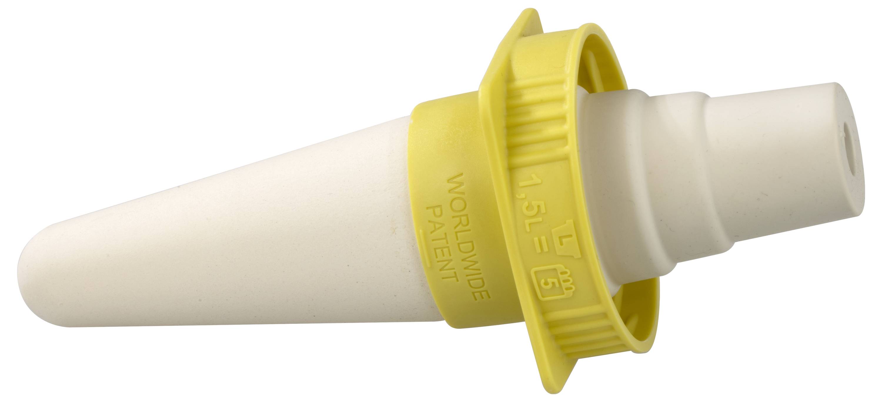 Lejkowaty adapter z żółtym pierścieniem i napisem 'WORLD WIDE PATENT', '1,5 L' oraz symbolem 5-litrowego próżniomierza.