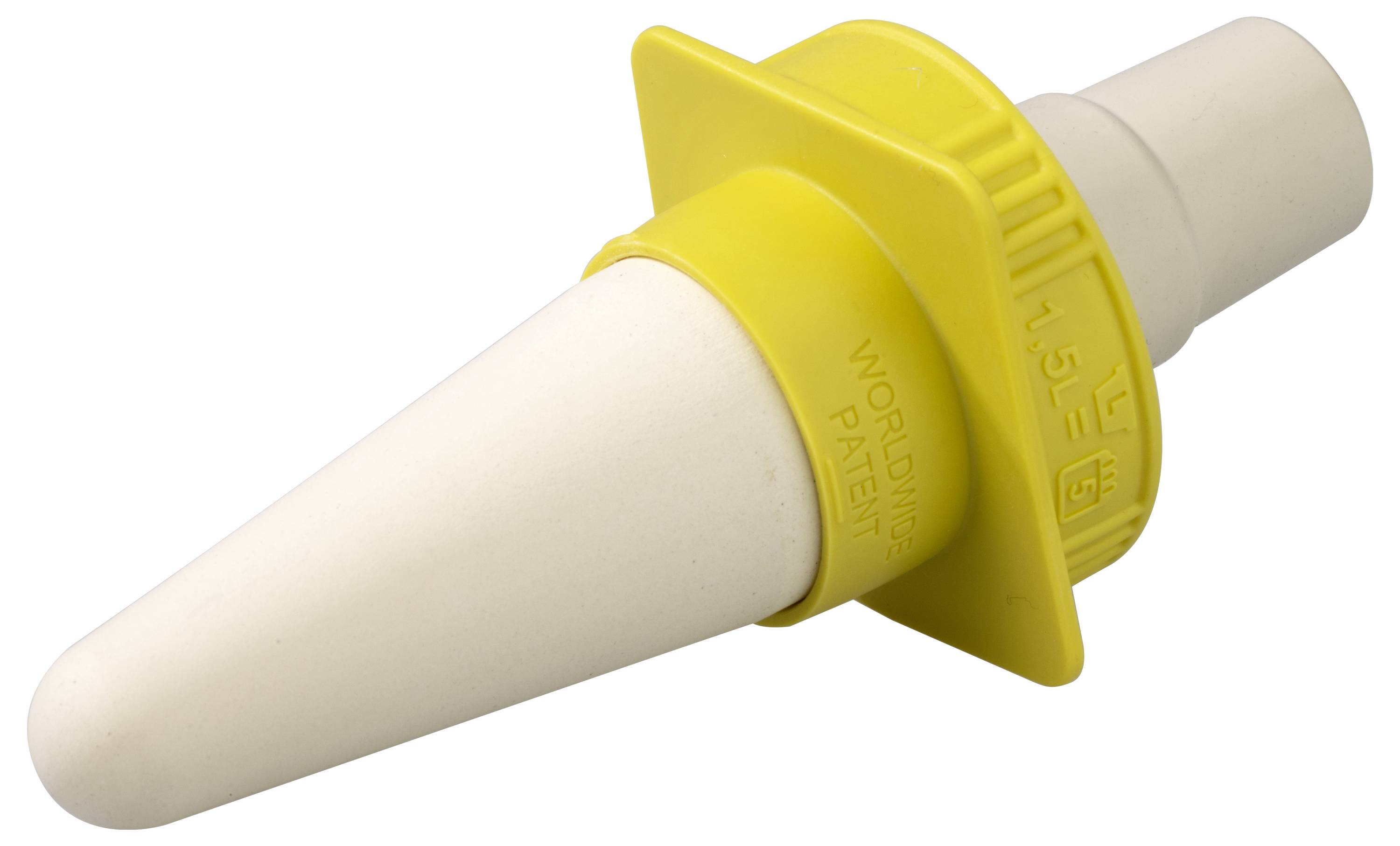 Żółty i biały świecznik o stożkowatym kształcie z napisem 'WORLDS Nr.1 PATENT'. Przeznaczony do bezpiecznego przechowywania świec.