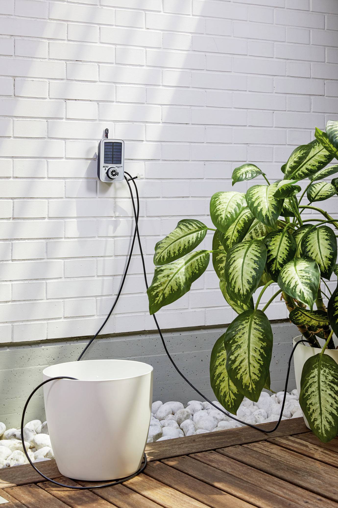 Solarny system nawadniania jest zainstalowany przy białej ścianie z cegły, z przewodami prowadzącymi do doniczki z rośliną.