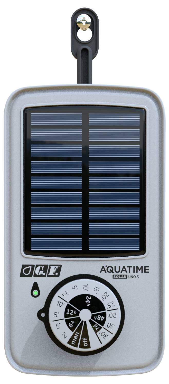 Cyfrowe urządzenie sterujące nawadnianiem z panelem słonecznym i pokrętłem do ustawiania harmonogramu. Oznaczenie 'AQUATIME'.