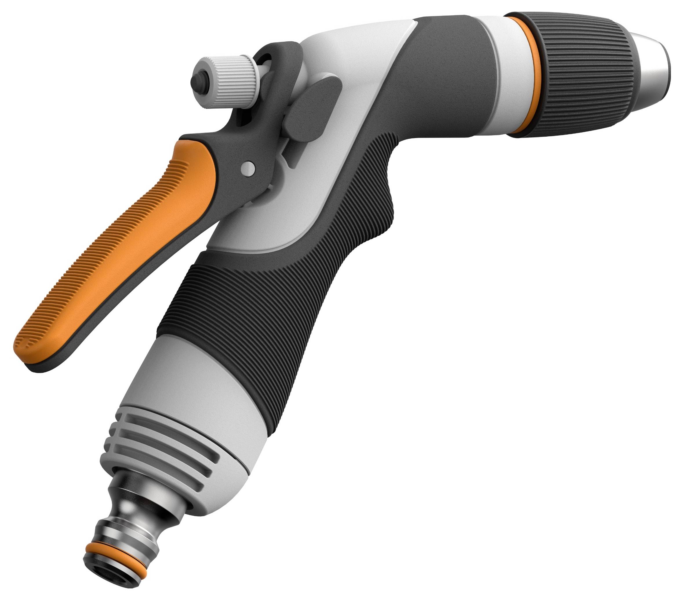 Szary i czarny nastawny dysz ogrodowy z pomarańczowymi akcentami, zaprojektowany ergonomicznie dla wygodnego użycia.