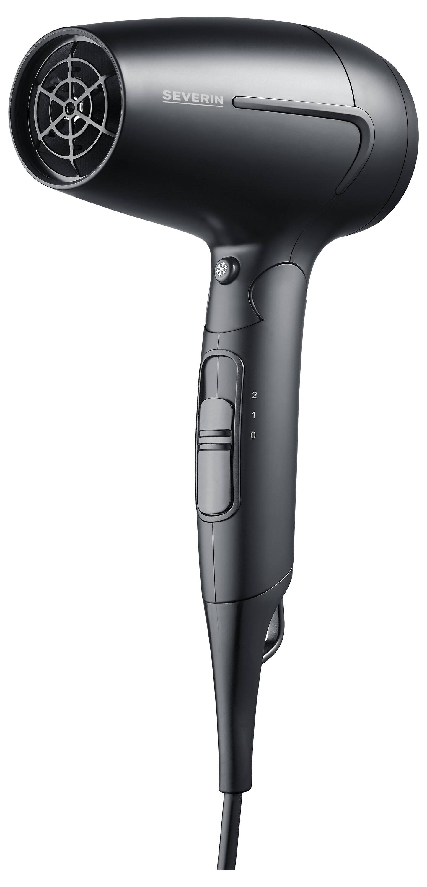 Czarny suszarz do włosów widziany z boku, z wieloma ustawieniami temperatury oraz regulatorem głośności.