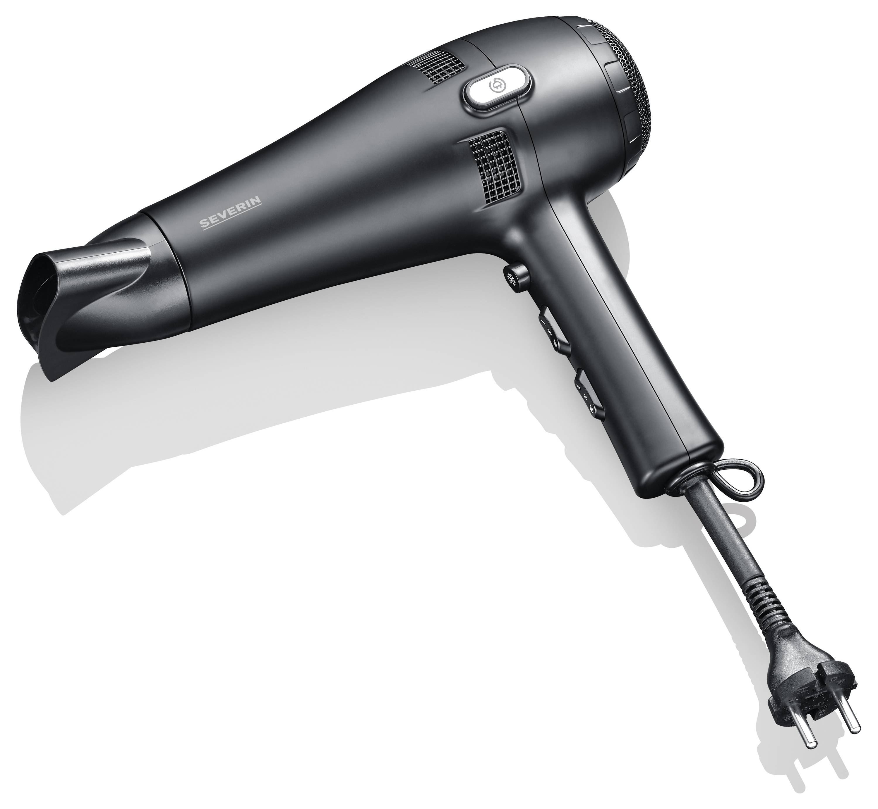 Czarny suszar do włosów z wymienną dyszą powietrzną i przewodem sieciowym, sfotografowany na białym tle.
