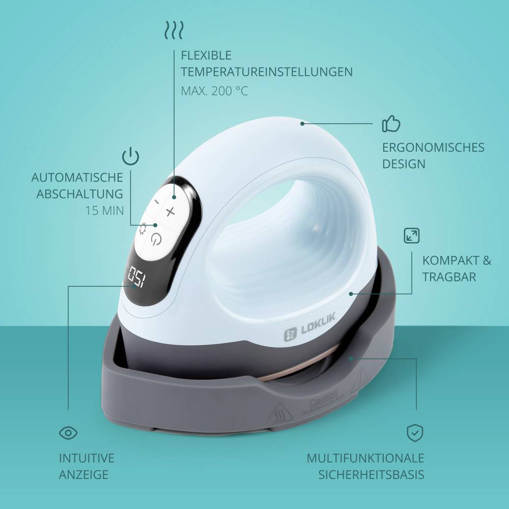 Kompaktowe żelazko na stacji ładującej. Opisy funkcji: 'automatyczne wyłączenie', 'elastyczne ustawienia temperatury', 'maks. 200°C', 'wielofunkcyjna baza bezpieczeństwa'.