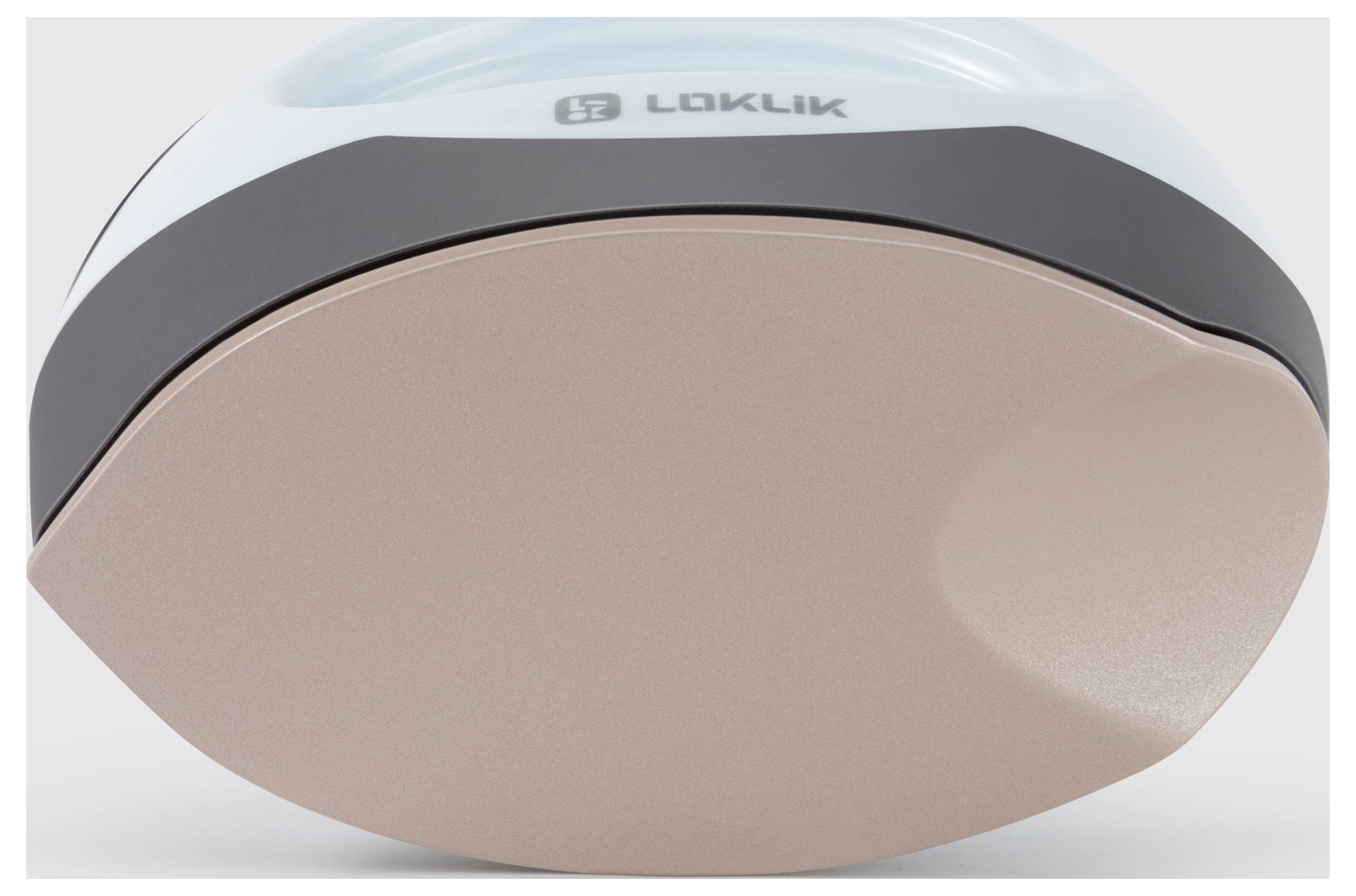 Elektryczne urządzenie kuchenne z gładkim, brązowym spodem i zaokrąglonym uchwytem na górze, oznaczone napisem 'LOKLIK'.