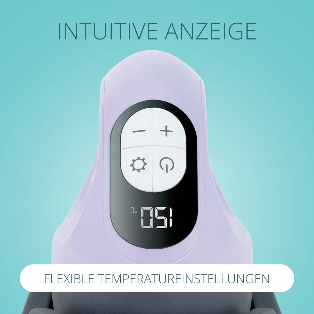 Wyświetlacz interfejsu z cyfrowym ekranem pokazujący '051'; widoczne przyciski do regulacji temperatury. Tekst poniżej: 'Elastyczne ustawienia temperatury'.