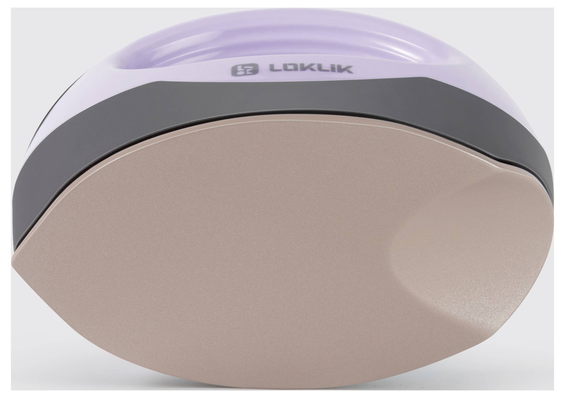 Okrągła, liliowa maszyna kuchenna z czarnymi i beżowymi elementami, na której górnej części widnieje napis 'LOKLIK'.